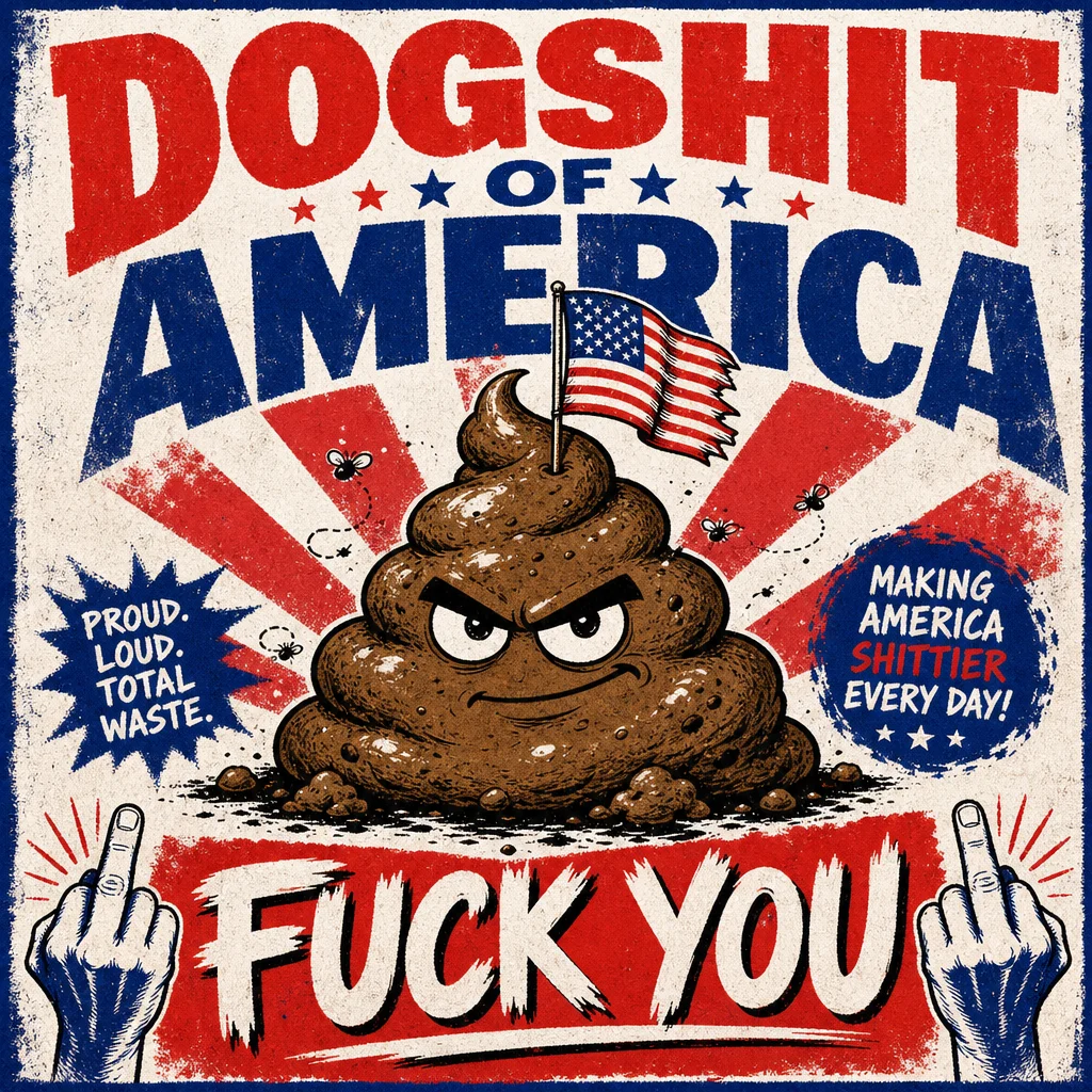 A stylized pile of dog waste wearing a tiny American flag is centered on a distressed red, white, and blue political-satire poster with bold confrontational lettering.