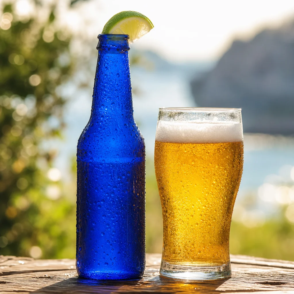 A condensation-covered cobalt-blue beer bottle with a lime wedge on its neck stands beside a chilled golden beer in a clear glass, lit by bright sunlight against a warm natural bokeh background.