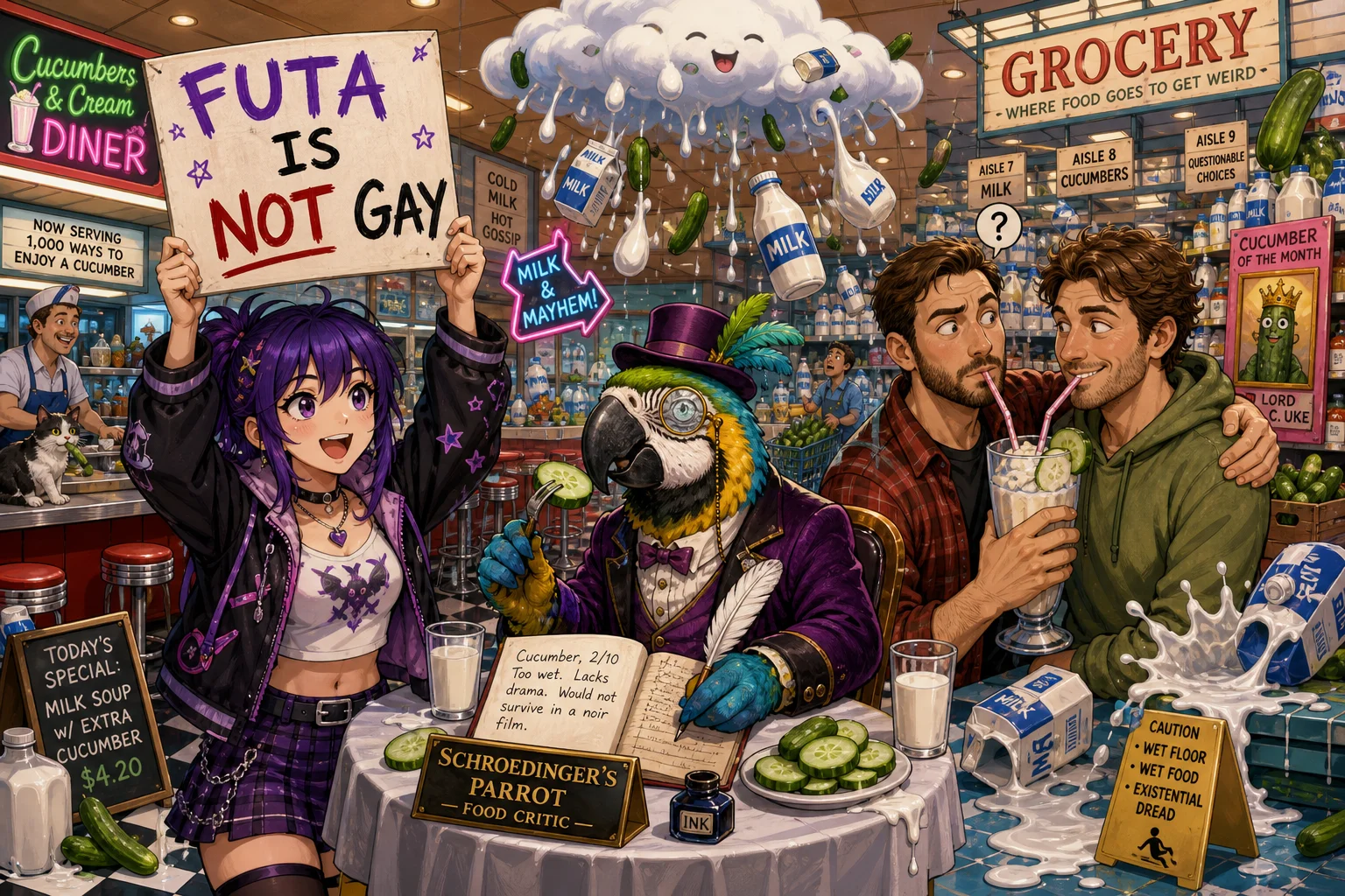 In a colorful diner-grocery mashup, a flamboyantly dressed parrot tastes a cucumber while writing a review, as a fan raises a hand-painted sign and two brothers share a milkshake amid comical milk splashes.