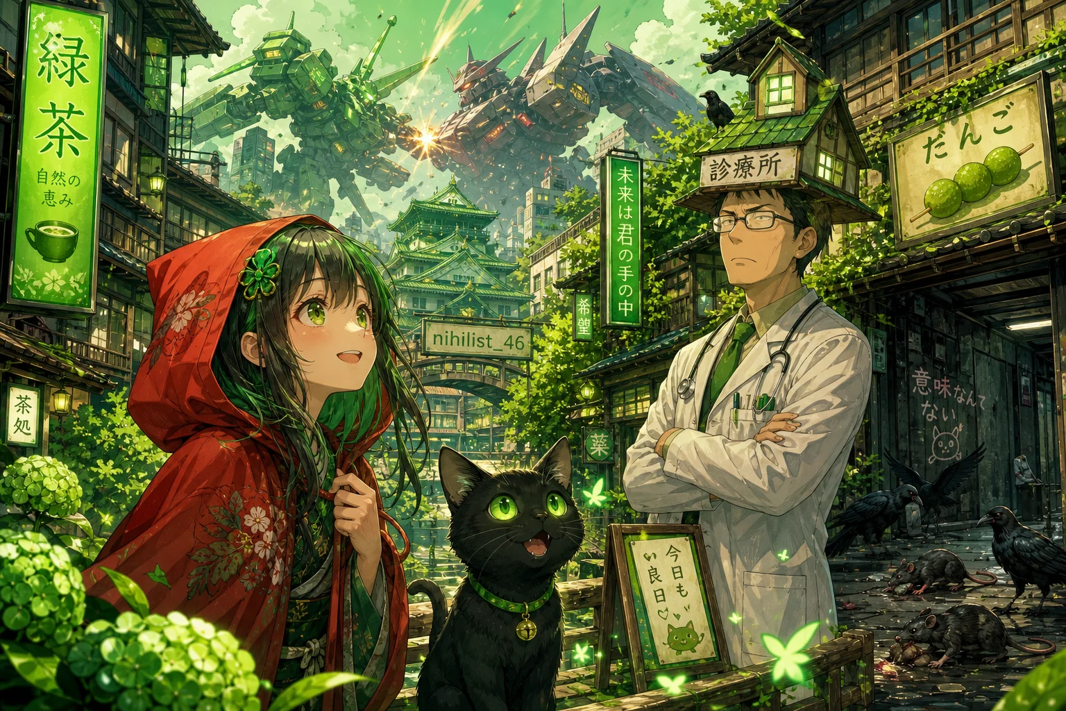 A luminous-eyed black cat gazes at glowing greenery beside a red-hooded figure and a doctor in a house-shaped hat on bright Japanese streets, while battling mecha clash overhead and crows gather in a shadowy alley.