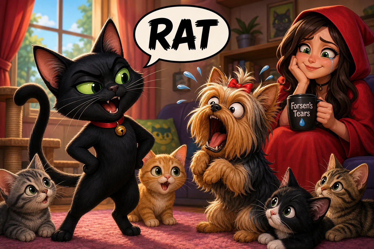 A cartoon black cat with bright green eyes calls a protesting Yorkshire terrier “RAT” as curious kittens gather, while a tearful woman in a red hood holds a labeled mug in the background.