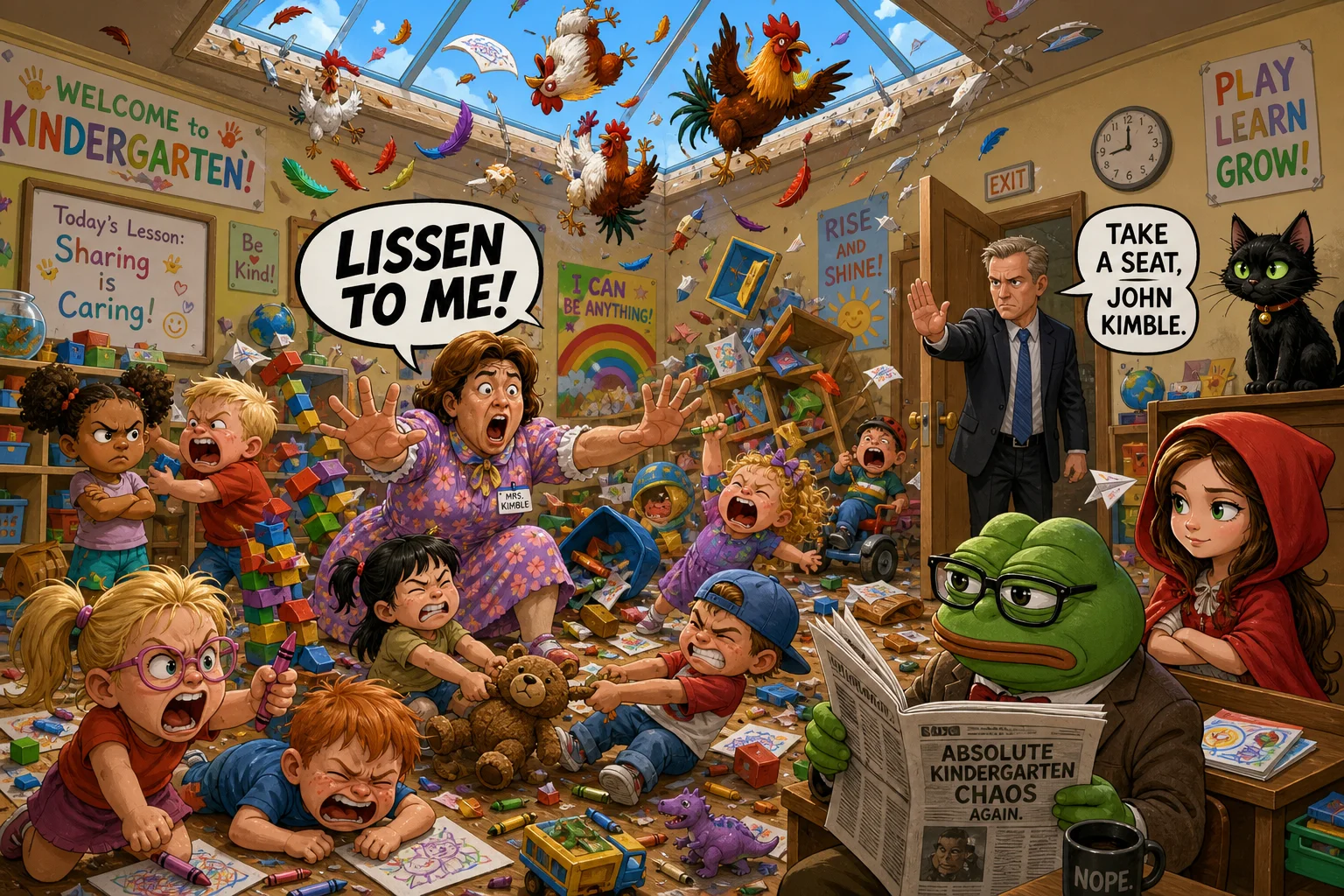 A chaotic kindergarten classroom erupts in a harmless slapstick scuffle as a disguised teacher tries to restore order, while children, toys, crayons, a cat, and tumbling roosters add to the colorful mayhem.