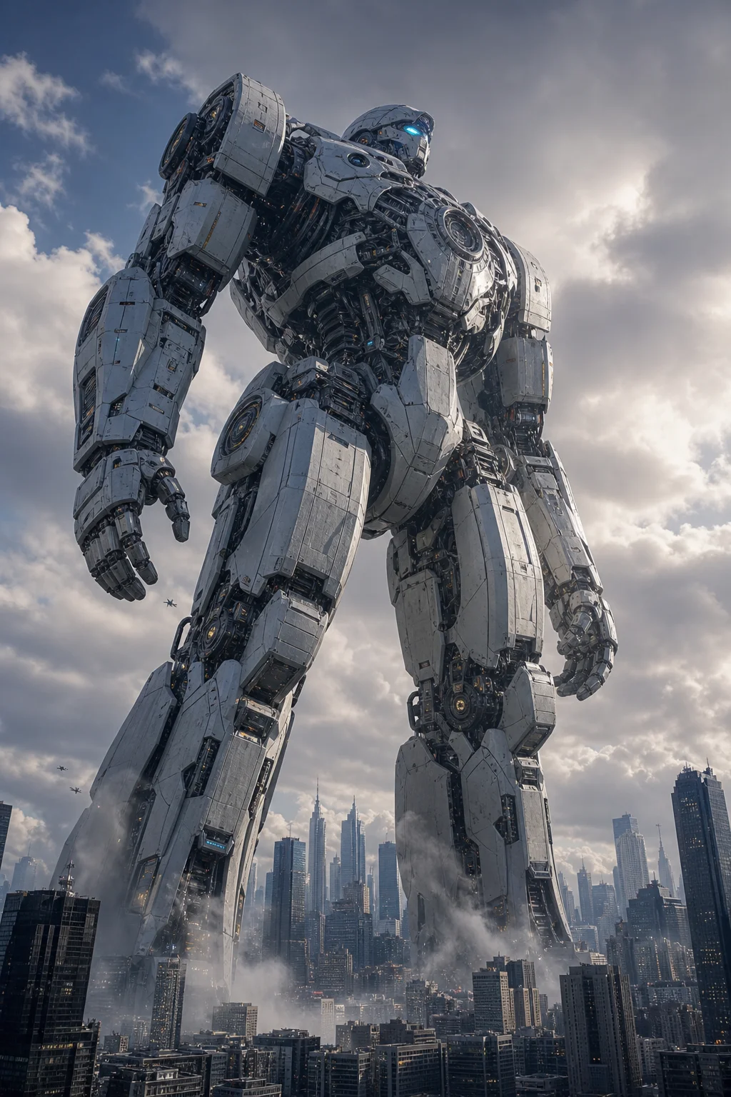 A colossal futuristic robot towers over a city skyline beneath atmospheric clouds, rendered with intricate mechanical detail and dramatic cinematic lighting from a dynamic low-angle view.