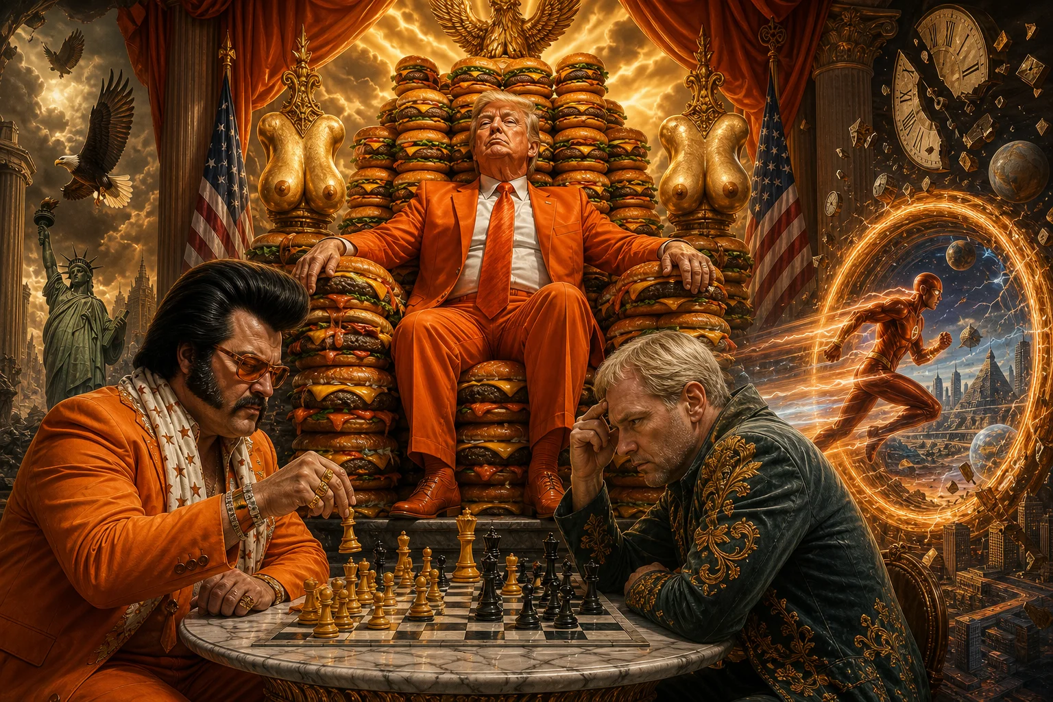 A mysterious orange-clad figure sits on a throne made of stacked cheeseburgers in a theatrical American-themed scene, while two players face off over chess and a speedster races through a glowing time portal.