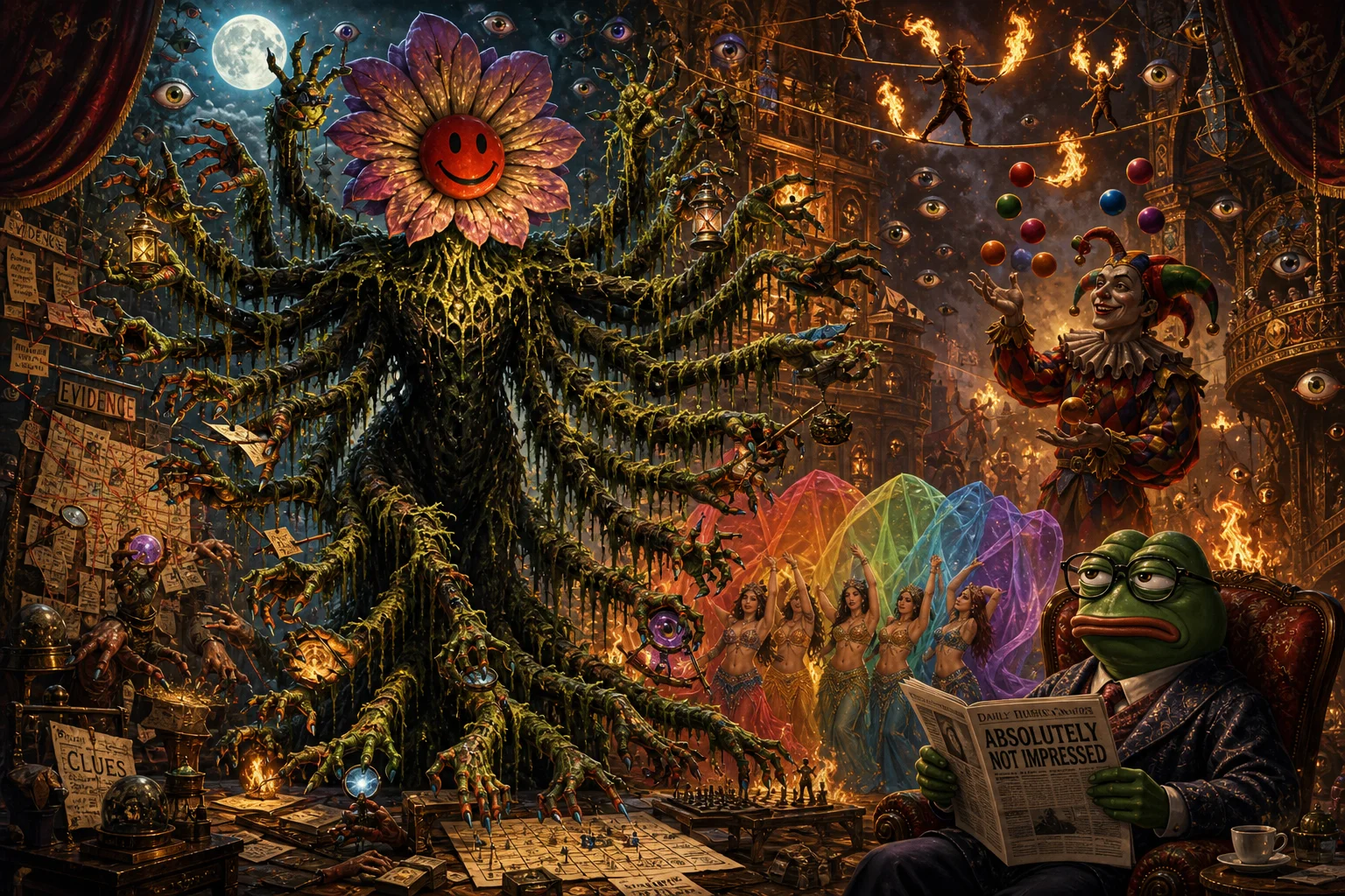 A towering moss-covered flower-headed creature with a red smiley face gestures dramatically toward an annoyed, bespectacled Pepe in a fantastical circus theater filled with juggling performers, dancers, floating eyes, and glowing ropes.