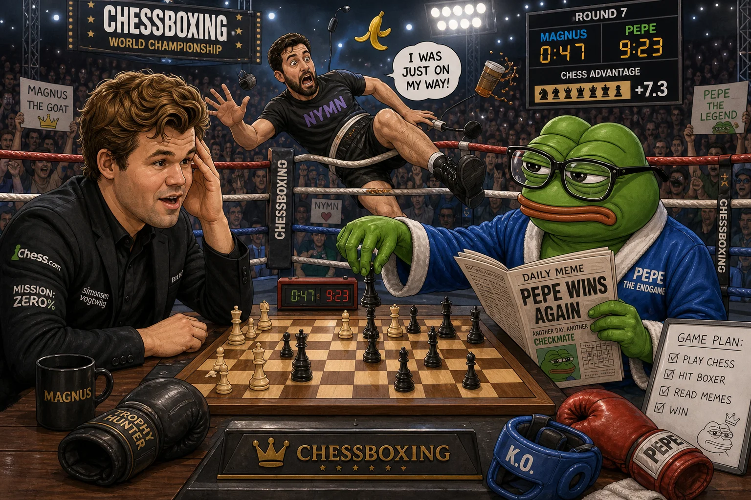 A colorful chessboxing arena shows Magnus Carlsen and Pepe the Frog celebrating with a hug beside a chessboard, surrounded by boxing ropes, gloves, a clock, and scattered gear as a figure tumbles in the background.
