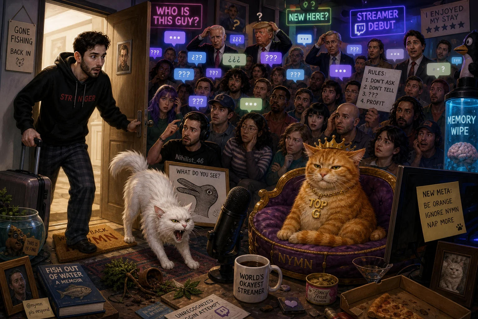 A bewildered streamer returns to a cluttered streaming room where unfamiliar chat strangers ignore him, his hissing white cat rejects him, and a confident orange cat appears to have taken his place.