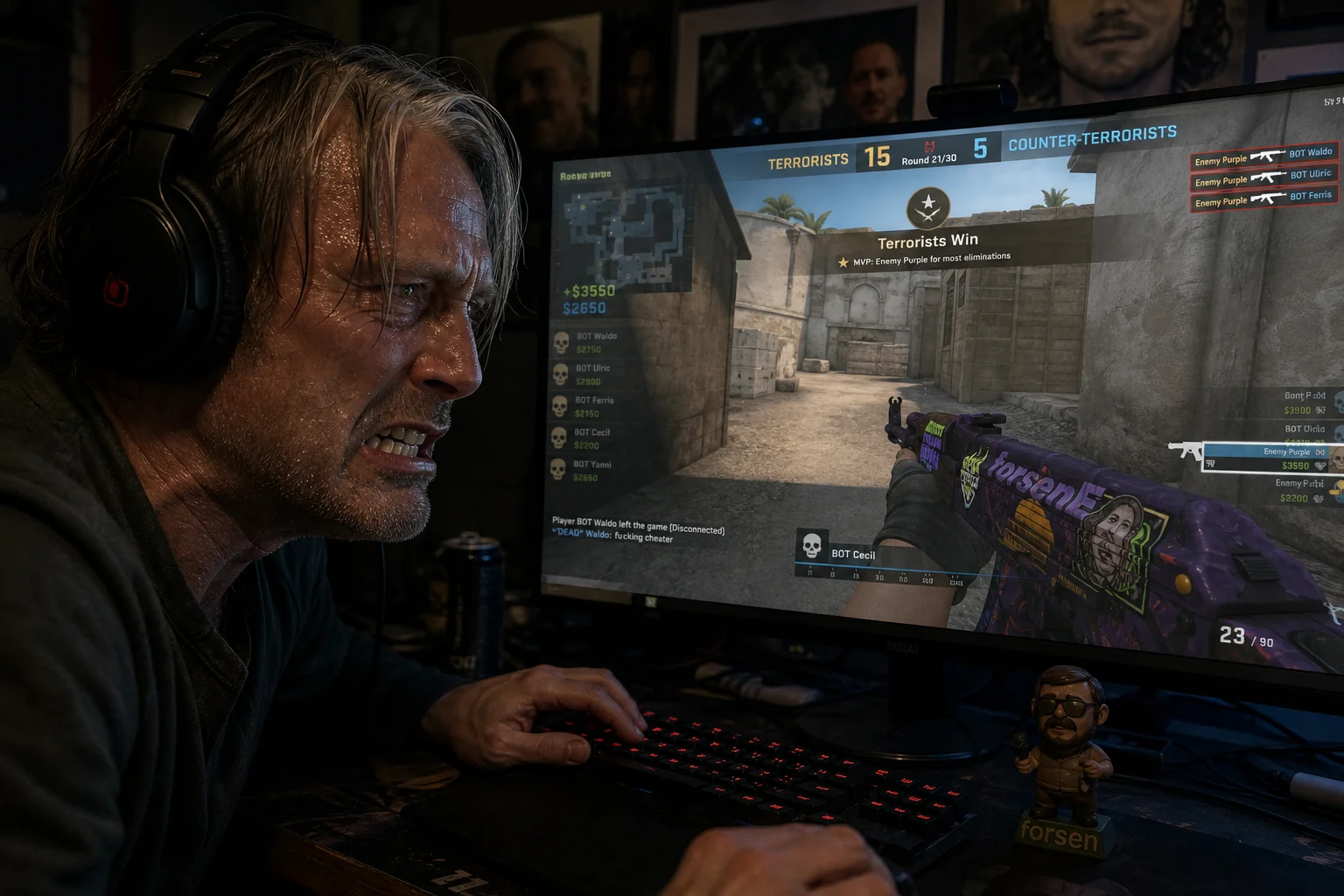 Mads Mikkelsen furiously plays Counter-Strike at a high-end gaming PC, sweating and gripping the controls as a losing round unfolds on the brightly lit monitor in a moody gaming room.