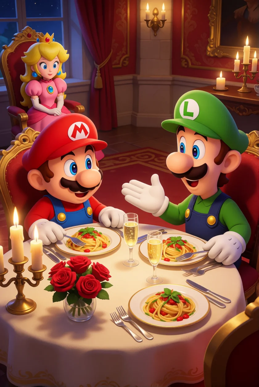 Mario and Luigi share a candlelit pasta dinner in a richly decorated castle dining room while Princess Peach watches from an ornate chair in the background.