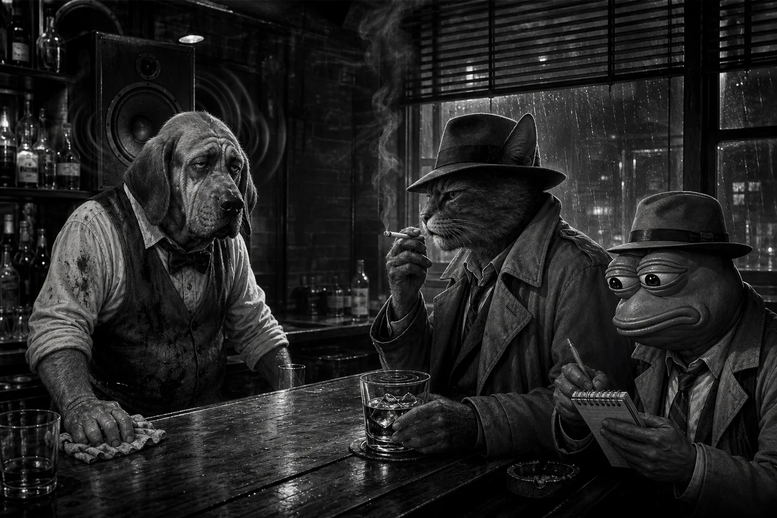 A noir-era dog bartender and trench-coated cat detective share a grimy New York bar, while a frog reporter takes notes nearby amid rain, smoke, rattling bottles, and stark venetian-blind shadows.