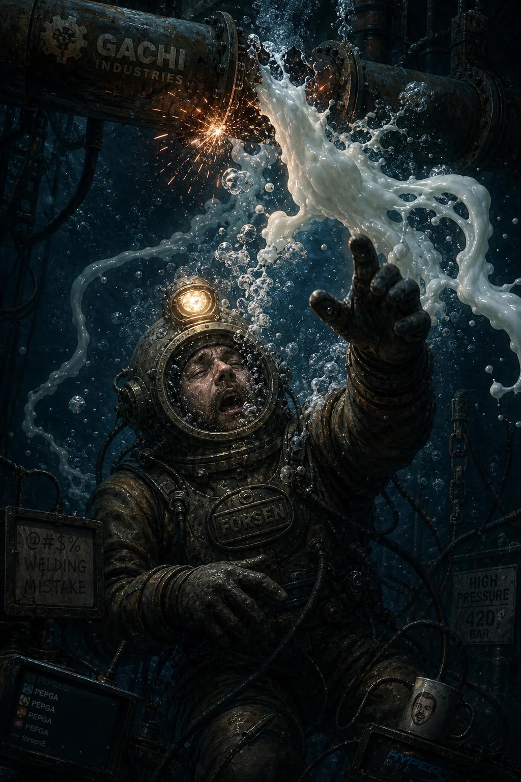 A deep-sea diver in a vintage welding suit struggles amid bubbles and sparks beneath a ruptured industrial pipe, where an unusual white liquid leaks into the dark, murky ocean.