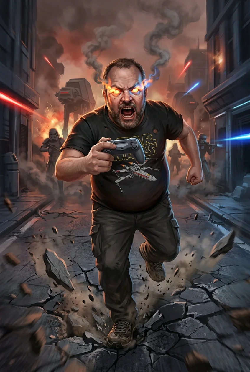 A furious gamer in a sci-fi shirt charges toward the viewer with a controller, glowing smoky eyes, and a bewildered expression as cracked pavement and debris erupt beneath him amid explosions and shadowy sci-fi figures.