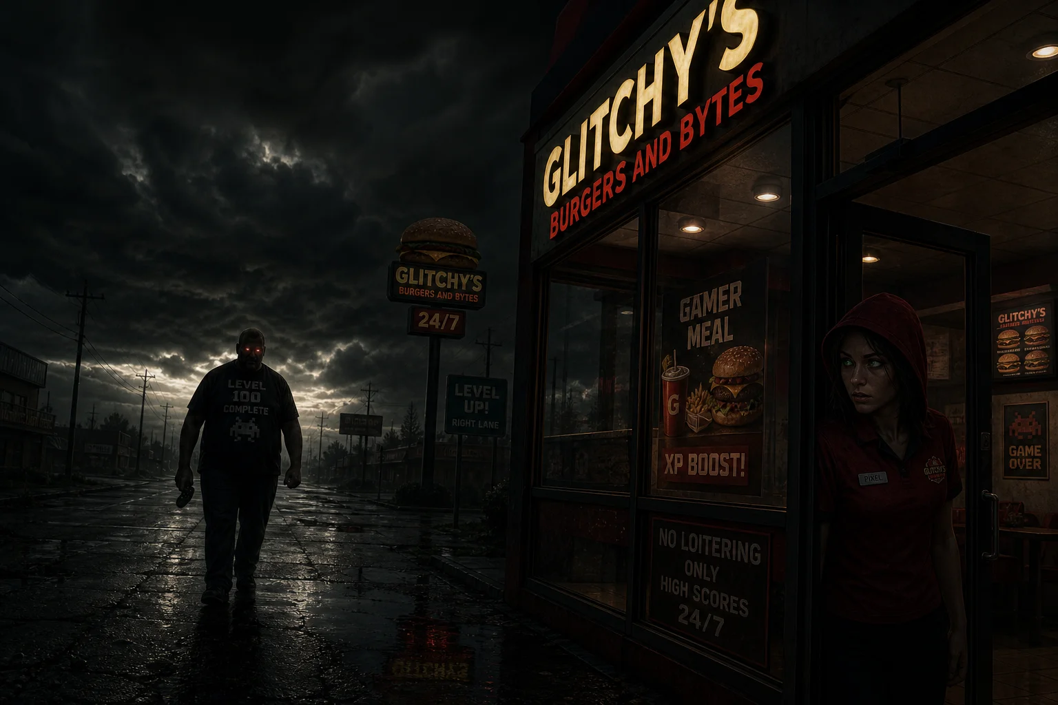 A shadowy gamer approaches a deserted glowing fast-food restaurant under an unnaturally dark sky while a wary red-hooded employee watches from the dim entrance.