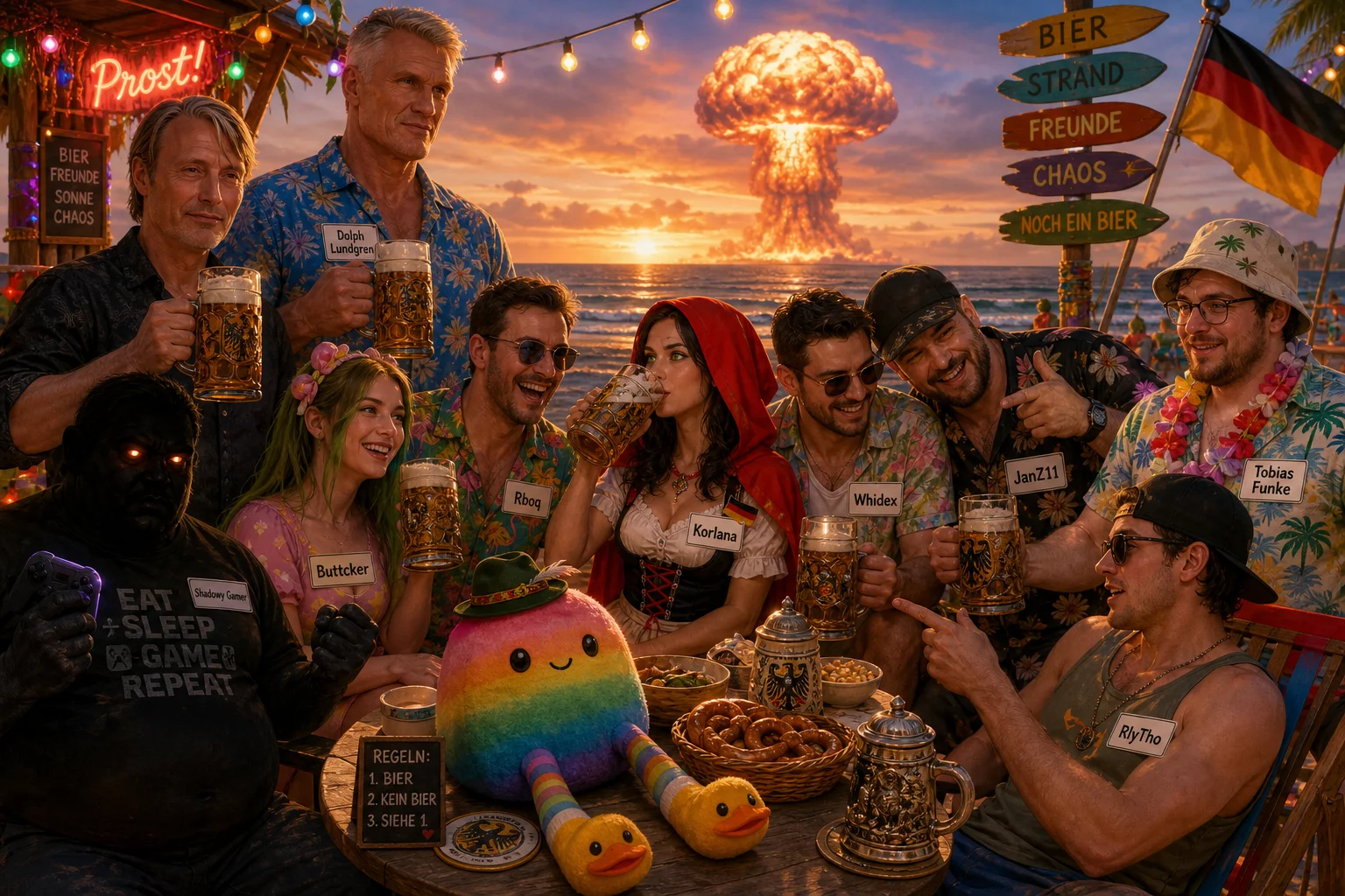 A lively group enjoys drinks around a decorated table at a surreal golden-hour beach party, with string lights, a cute rainbow bean plush, and a distant mushroom cloud beyond the ocean.