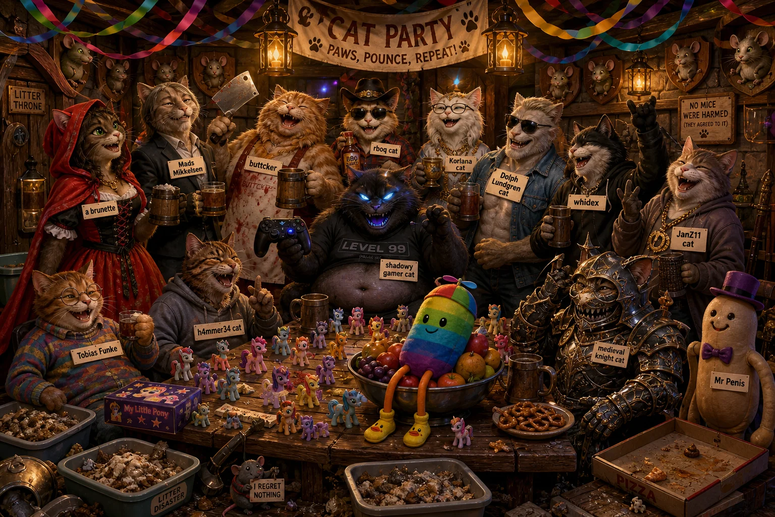 A lively group of anthropomorphic cats laugh and socialize around a decorated table in a warmly lit medieval tavern, surrounded by party streamers, snacks, miniature toys, lanterns, and whimsical fantasy decorations.