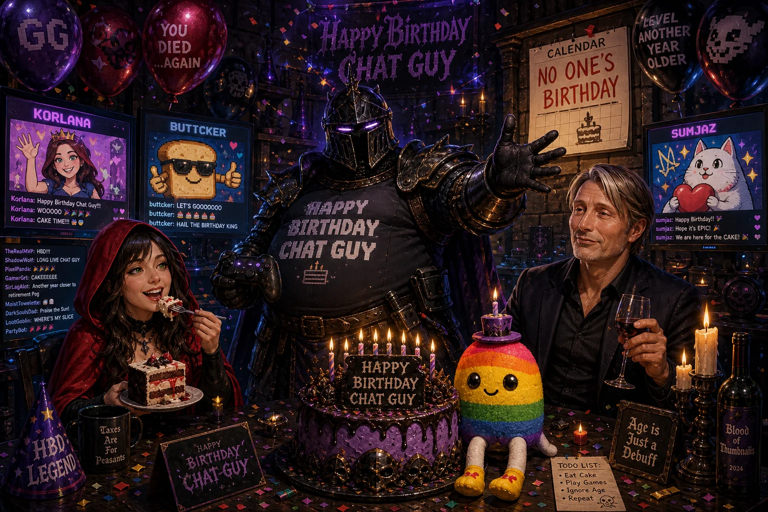 A shadowy armored gamer gestures with a controller at a chaotic birthday livestream party, while a hooded woman eats cake, guests watch glowing chat monitors, and balloons, confetti, and a rainbow plush fill the festive room.
