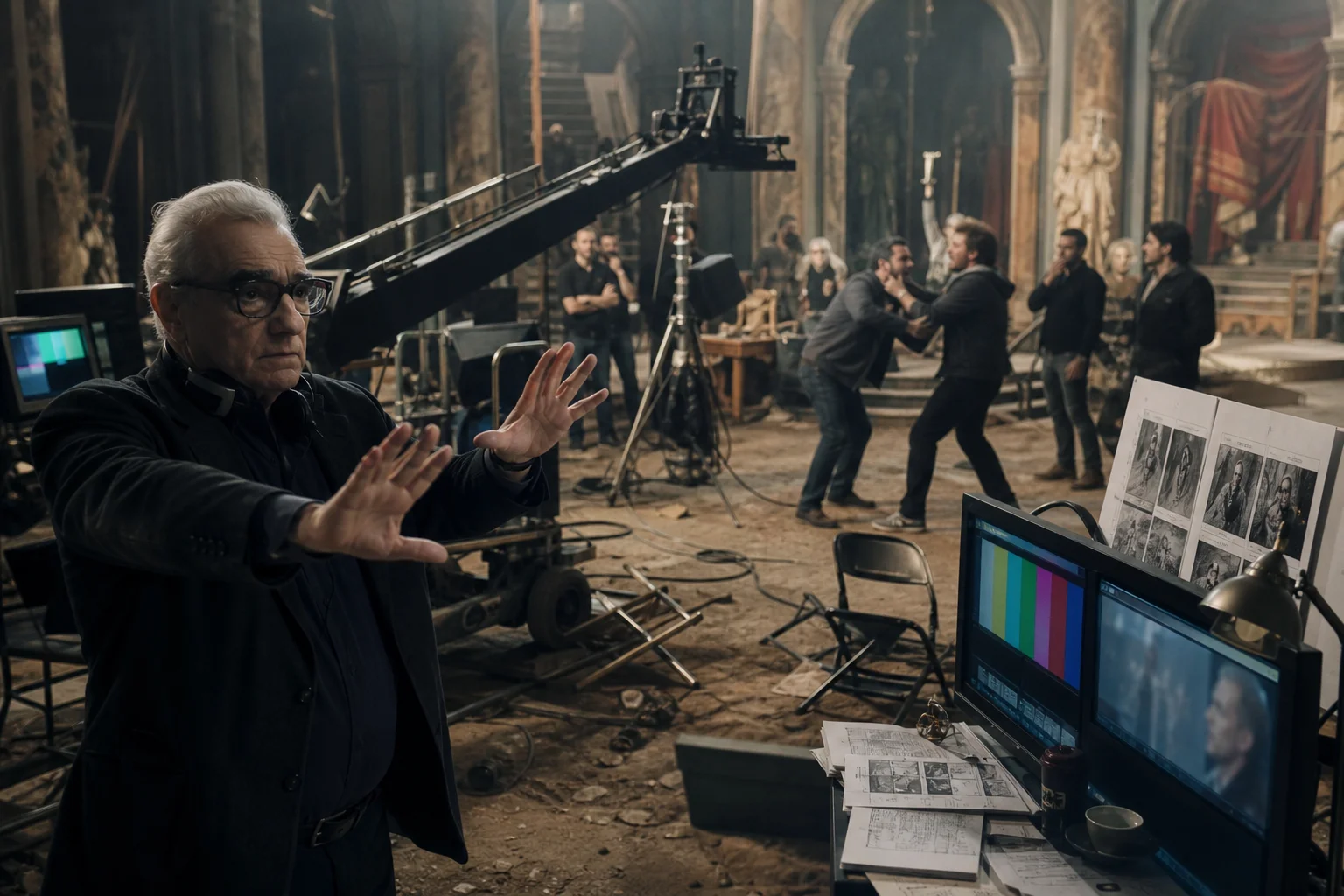 A film director stands beside a camera crane on a lavish but troubled movie set, while crew members argue near lighting equipment amid dusty props, tangled cables, monitors, and scattered production papers.