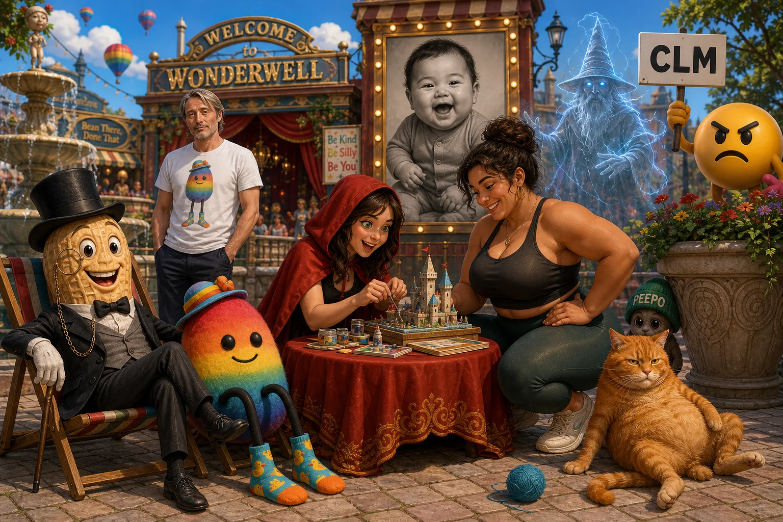 A whimsical storybook group portrait unfolds in a colorful theatrical park plaza, with a gentlemanly peanut, rainbow bean plush, orange cat, hooded woman, costumed adults, a ghostly wizard, and an angry emoji gathered in playful chaos.