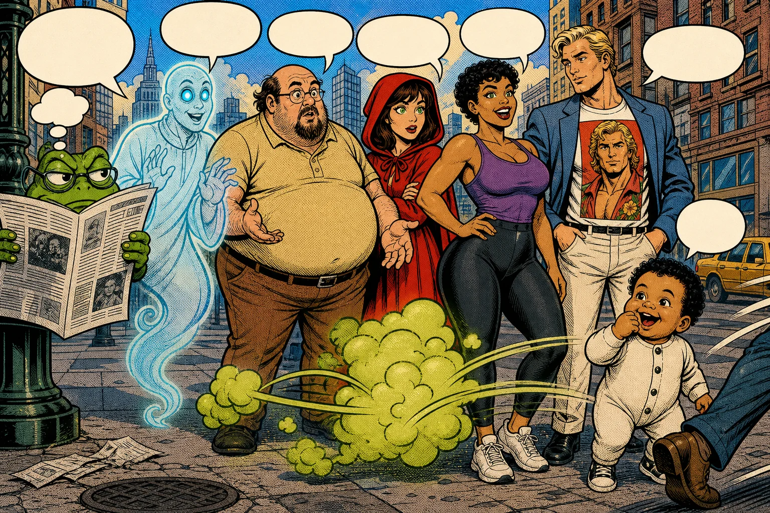 A lively vintage comic-book ensemble fills a crowded city street, with a green frog peeking from behind a newspaper, a translucent ghost, colorful onlookers, a gleeful baby, and a curling green cloud on the pavement.