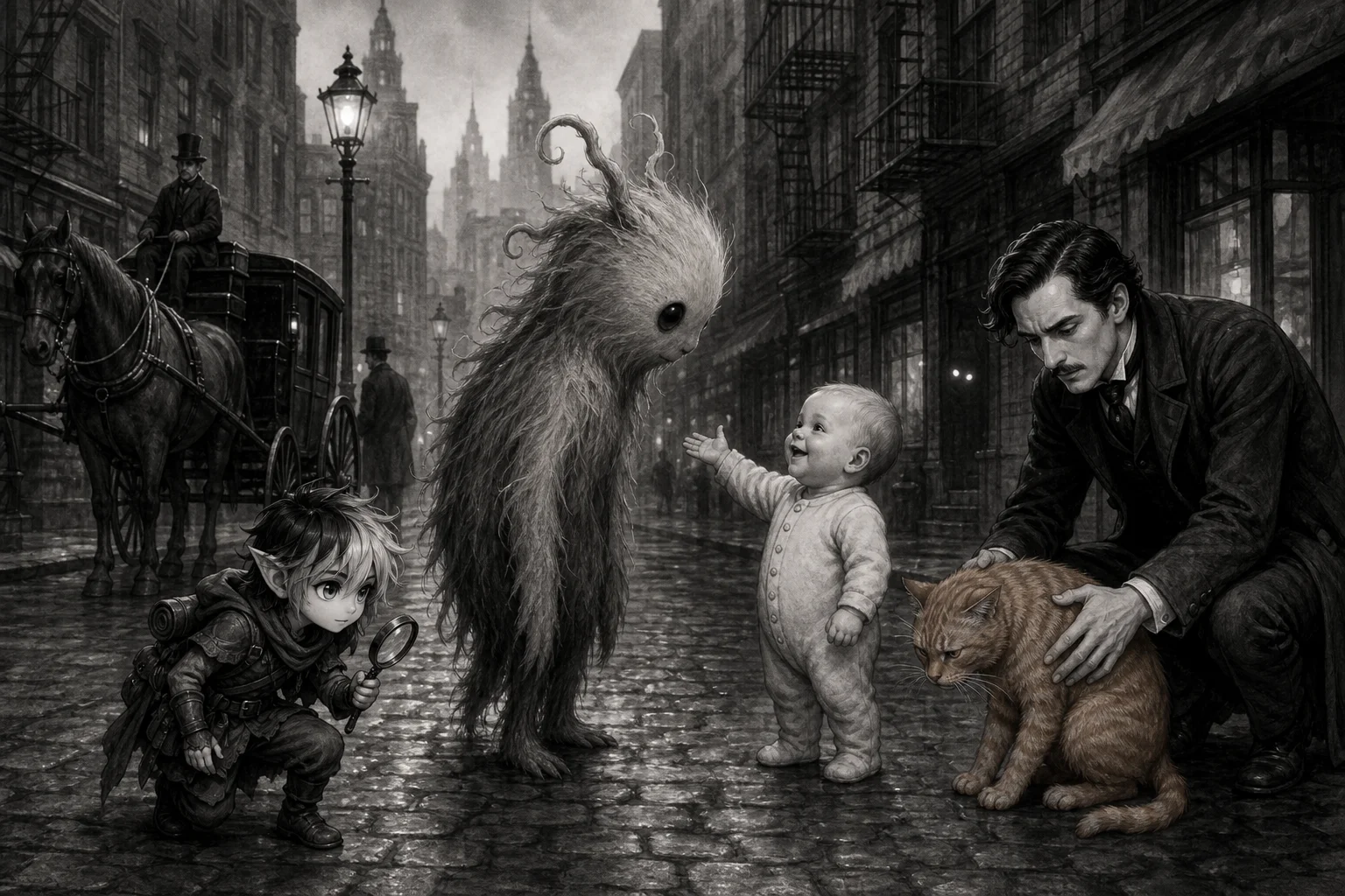 A whimsical creature stands on a cobblestone 1900s New York street as a smiling baby greets it, surrounded by period storefronts, carriages, fire escapes, and early electric streetlights.