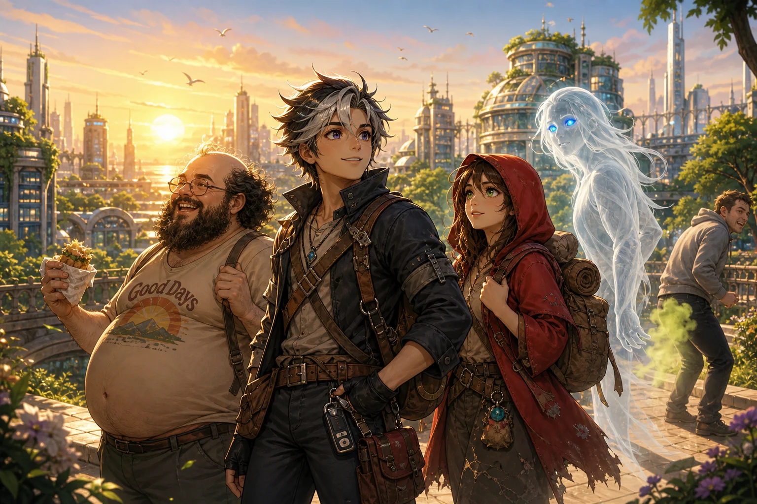 A diverse group, including an adventurer, a hooded woman, and a translucent blue-eyed ghost, stands in a lush futuristic city at sunrise, with a comic figure in the background and an uplifting atmosphere.