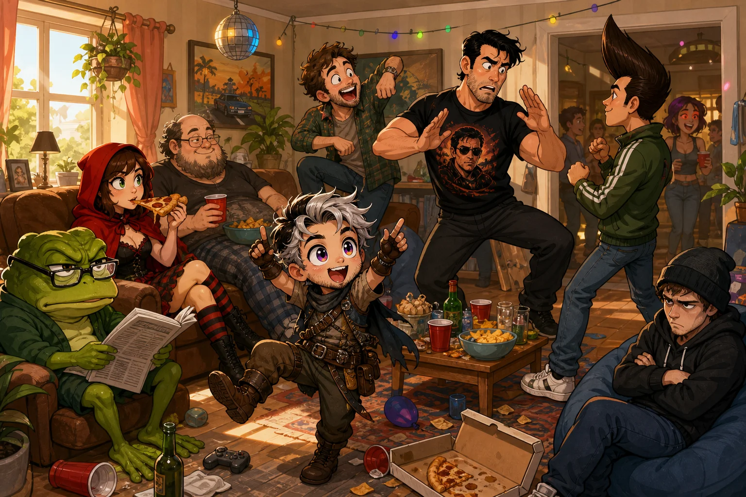 A colorful cartoon house party unfolds in a cozy living room, where a tiny adventurer enthusiastically dances amid quirky guests, pizza, newspapers, festive clutter, and warm Saturday sunlight.