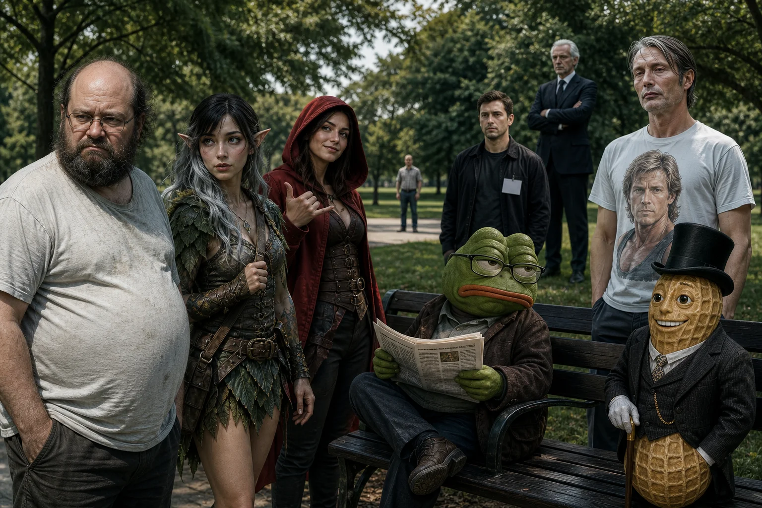 A quirky group gathers in a sunlit public park, including a disappointed balding man, a fantasy-like dryad, a hooded woman gesturing casually, and colorful characters around a bench.