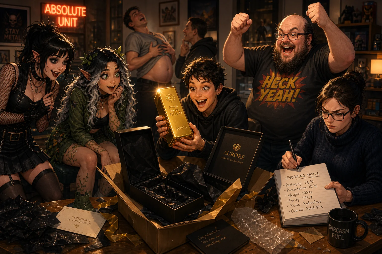 A lively illustrated crowd gathers as an excited person unboxes a gleaming gold bar from a luxury package, with expressive onlookers and a note-taking observer in a celebratory setting.