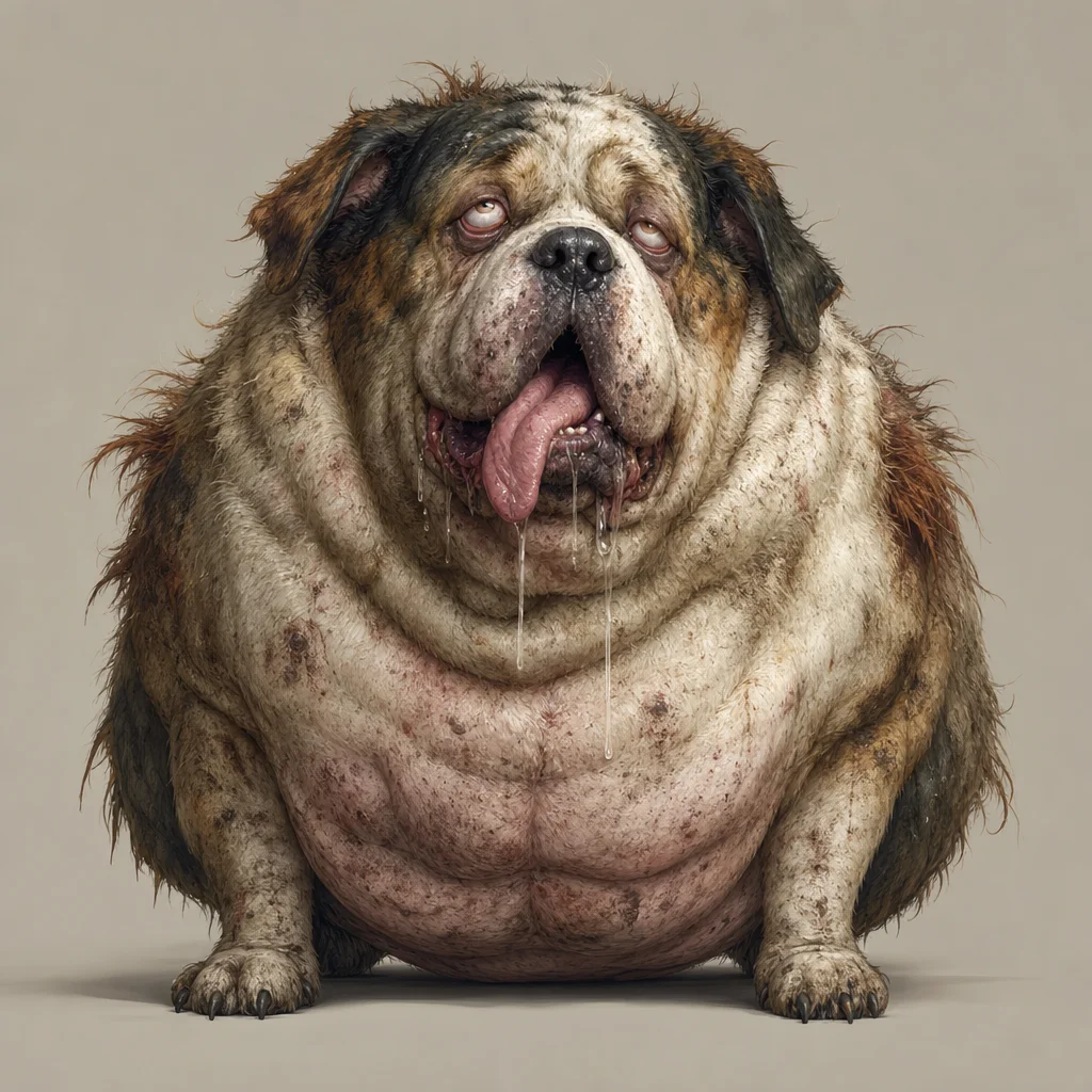 A scruffy, extremely overweight dog with messy fur and a slack-jawed expression stands centered in a full-body portrait against a plain background.