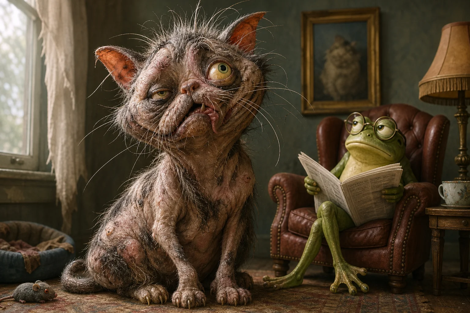 A lumpy, scruffy, asymmetrical cat with oversized ears and uneven eyes slouches beside a bespectacled green frog reading a newspaper in a whimsical, softly lit setting.
