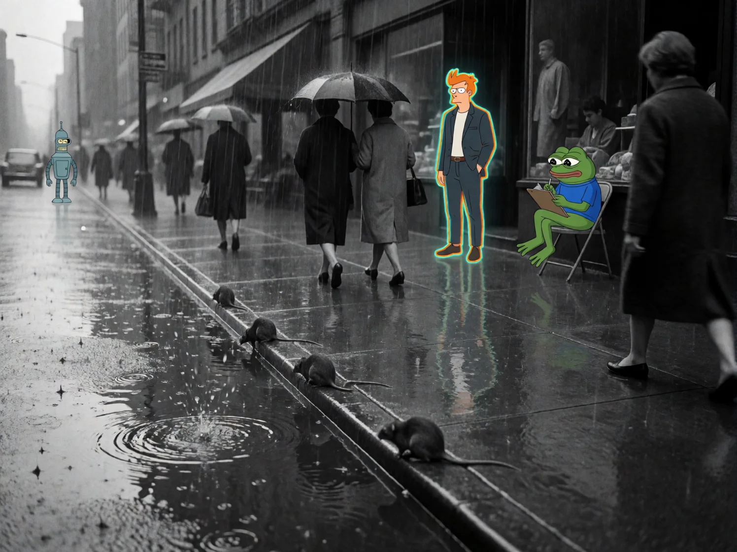 A noir 1960s New York street glistens in heavy rain as pedestrians pass, rats scurry by a rippling puddle, and a cyan-and-amber outlined traveler stands near a storefront beside Pepe the Frog taking notes.