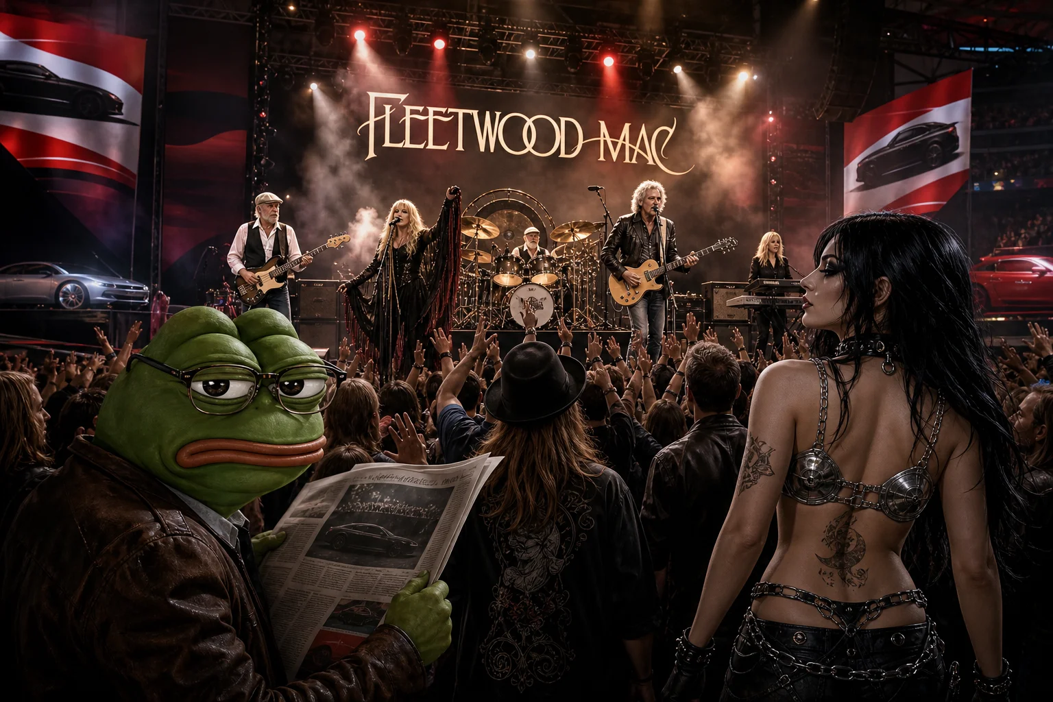 A lively Fleetwood Mac concert unfolds on a brightly lit stage as an annoyed green frog in glasses reads a newspaper amid cheering fans, beside a goth woman, with colorful spotlights, haze, and car-themed banners.