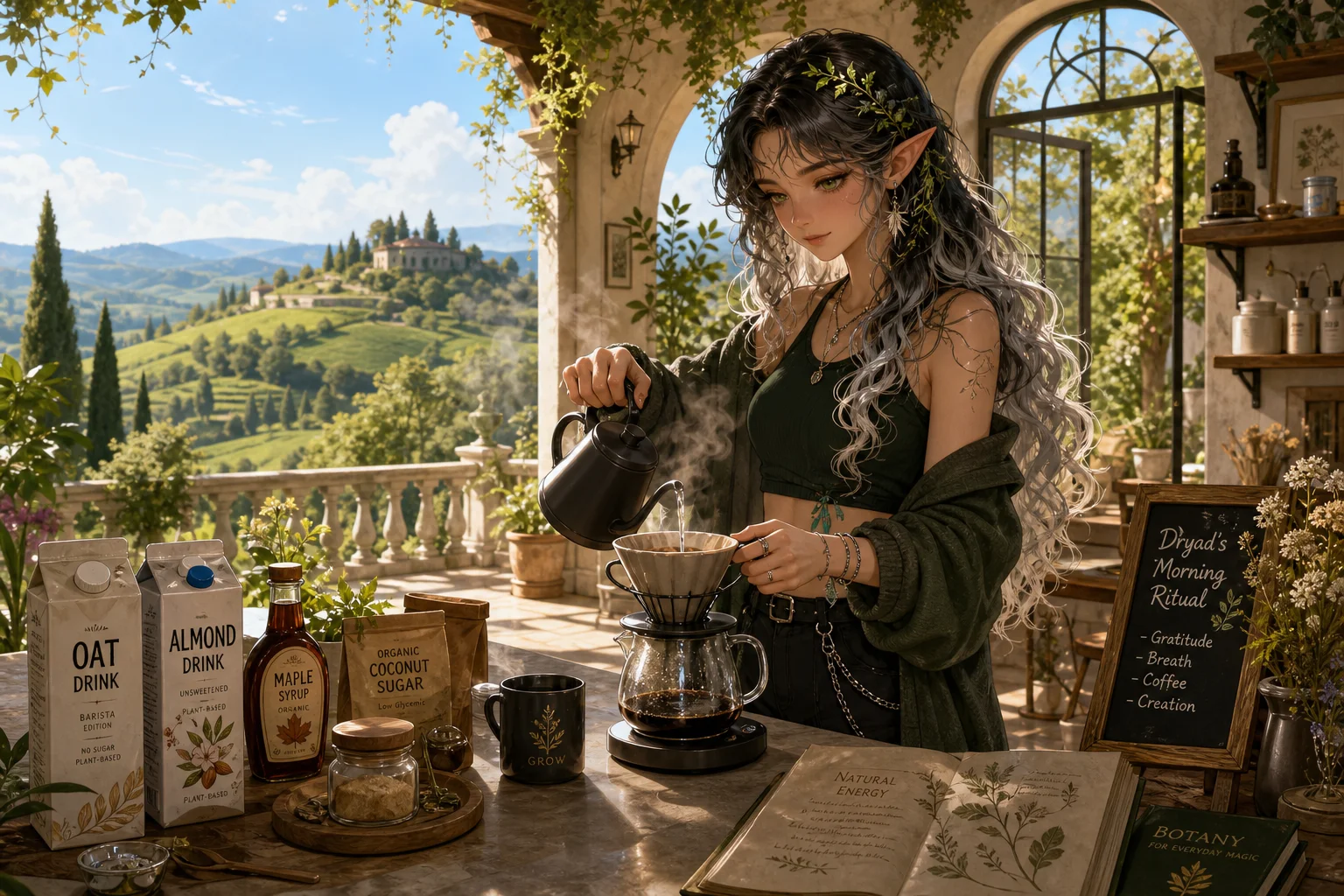A dryad in a modern outfit prepares a steaming cup of black coffee in a sunlit villa kitchen overlooking rolling green hills.