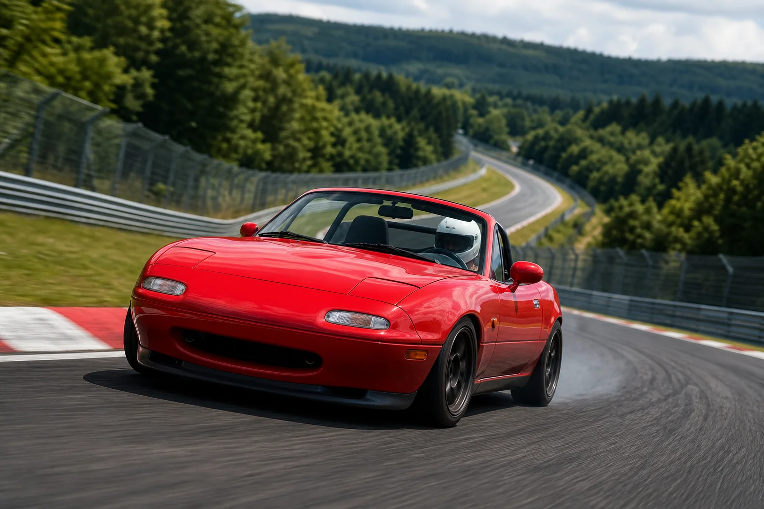A compact sports car with a driver at the wheel speeds around a sweeping Nürburgring corner, leaning into the turn amid tire smoke, red-and-white curbs, forest, hills, and track barriers.