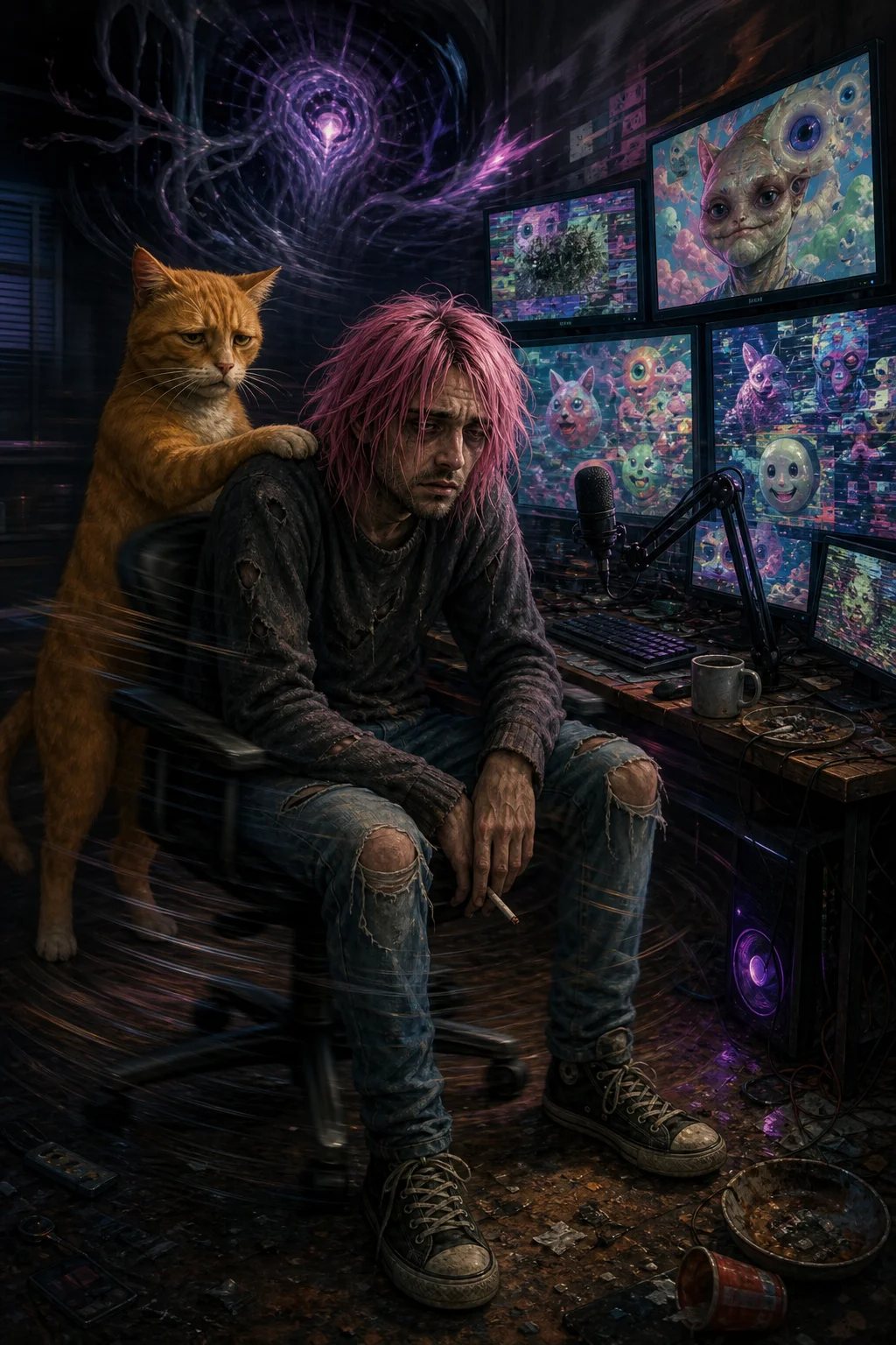A weary pink-haired man slumps in a spinning office chair at a glowing streaming desk while an awkward orange cat offers comfort in a shadowy, distorted room.