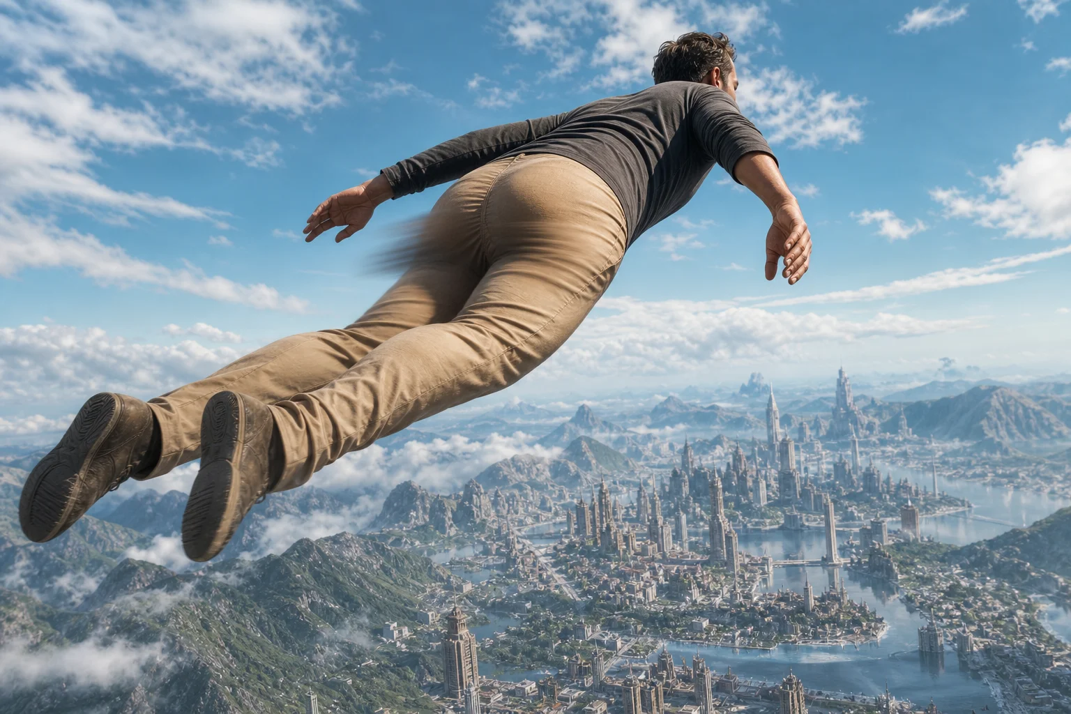 An airborne adult in a forward-leaning pose appears to fly over a vast alternate-world city, with motion-blurred clothing and dramatic daylight illuminating the expansive sky and landscape below.