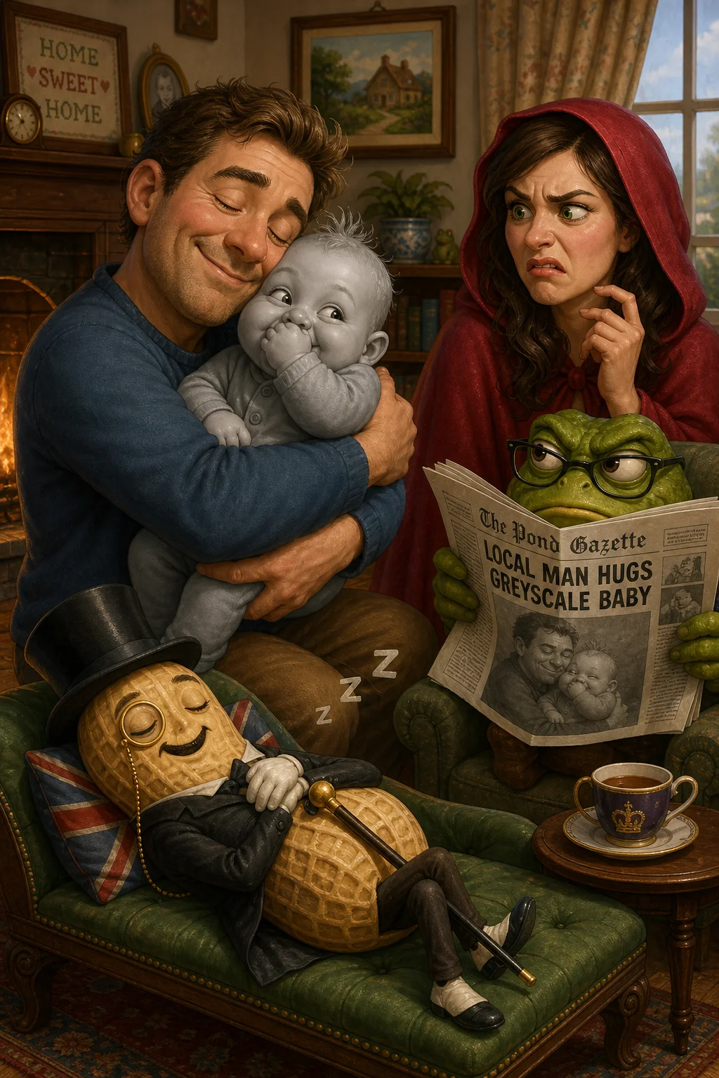 A whimsical illustrated indoor group scene shows a man hugging a chubby baby while a disgusted red-hooded brunette, an annoyed frog-like newspaper reader, and a sleeping gentleman peanut look on.