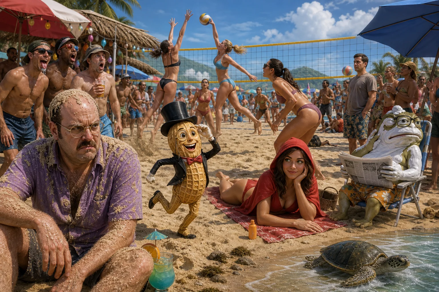 A lively sunny beach party features women playing volleyball on a sandy court, while colorful cartoon beachgoers lounge, dance, read, and cheer near the shoreline as a sea turtle heads into shallow water.