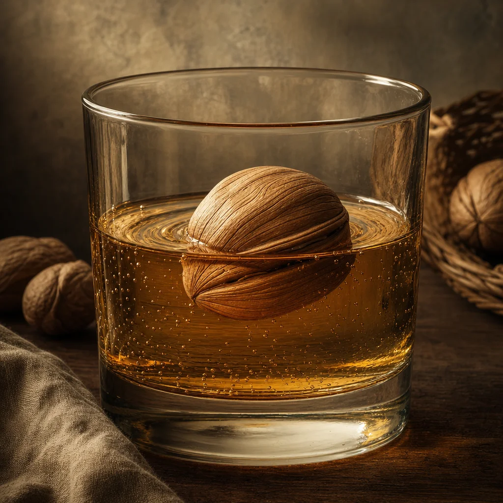 A carved wooden nut sits partially submerged in a clear glass of amber cider, surrounded by tiny bubbles and gentle ripples in a softly lit rustic still-life setting.