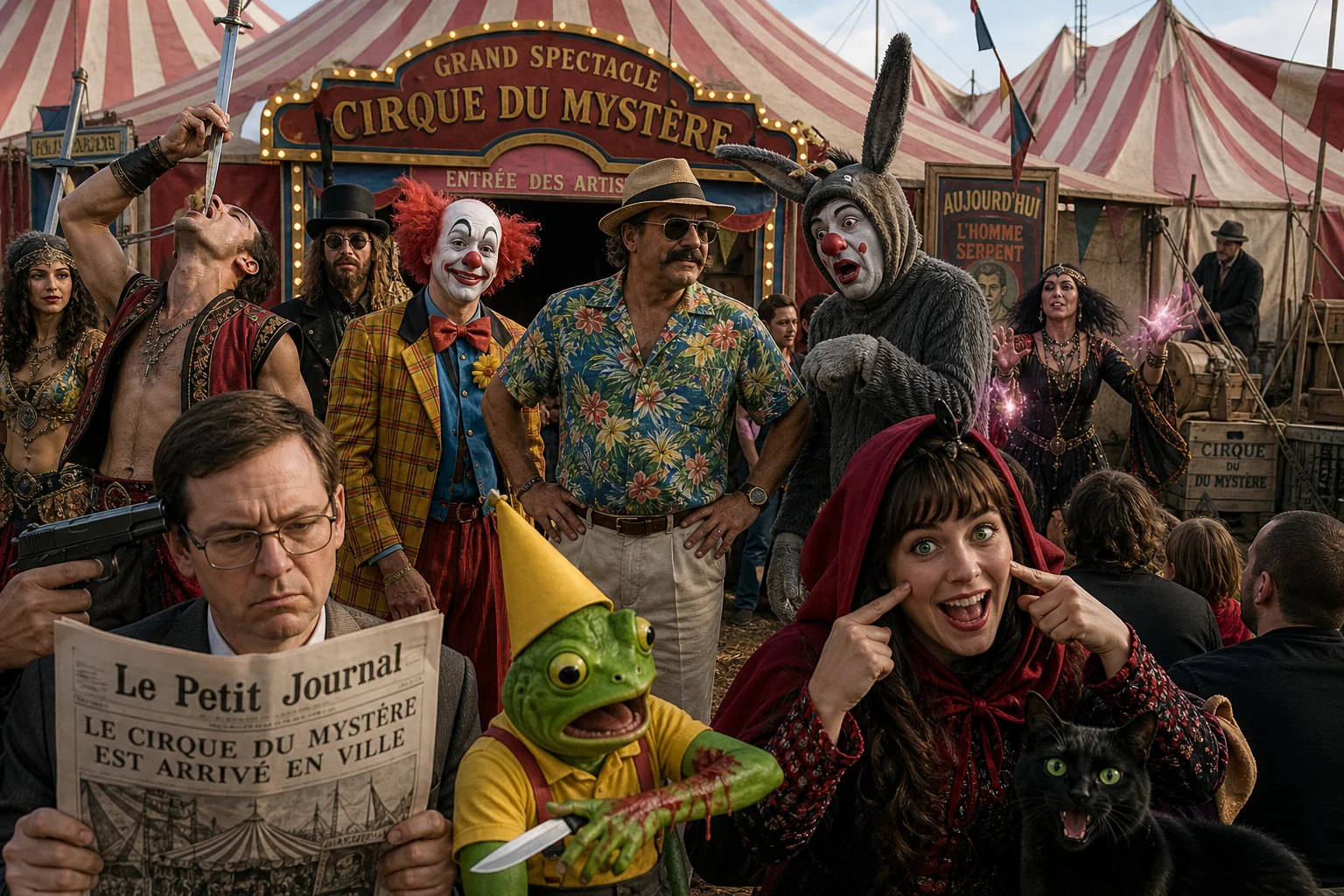 A mustached circus manager in a colorful Hawaiian shirt oversees clowns, performers, and a spellbinding show at a bustling big-top midway, while a bespectacled reader and animated frog occupy the colorful foreground.