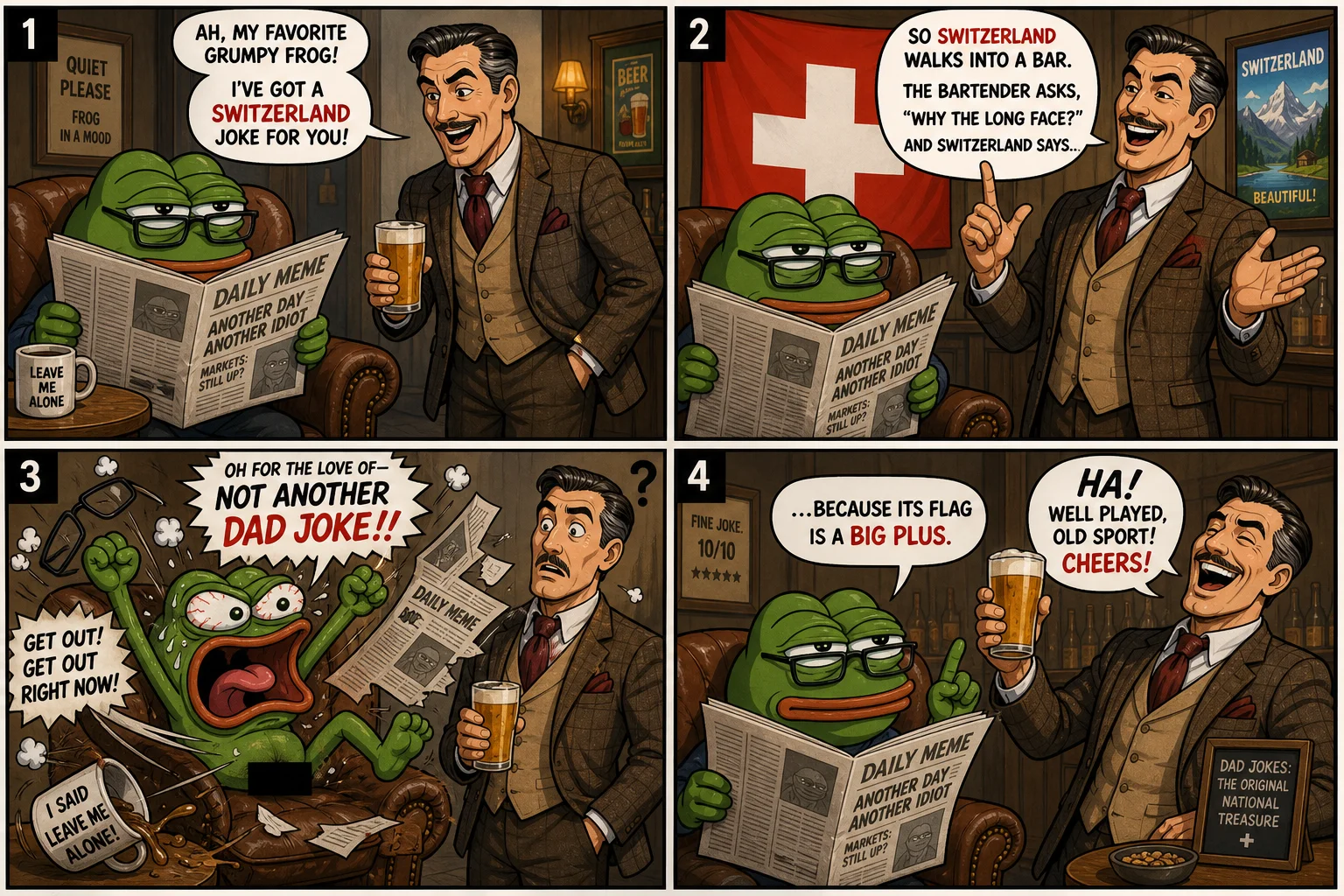 A four-panel comic shows a bespectacled green frog reading a newspaper reacting furiously to a man’s Switzerland flag joke, then delivering the punchline as the man laughs and raises a beer.