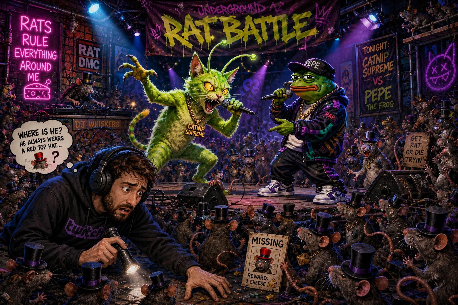A vibrant underground rap-battle venue teems with top-hatted rats as a lime-green alien cat and frog-like rapper perform under neon lights, while an anxious man searches the foreground for a missing rat.