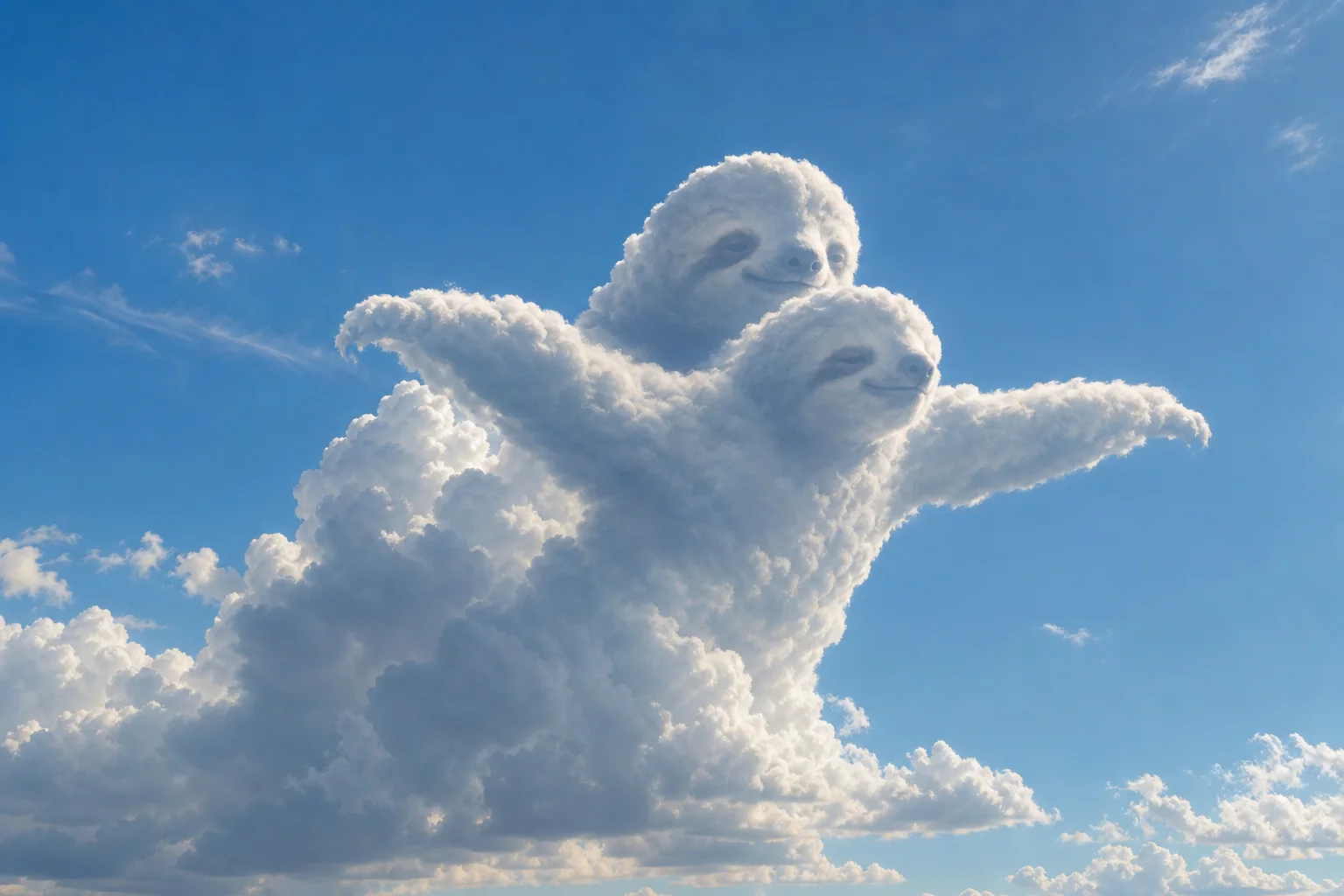 A dramatic white cumulus cloud resembles two sloths leaning forward with their arms outstretched in a bright blue daytime sky.