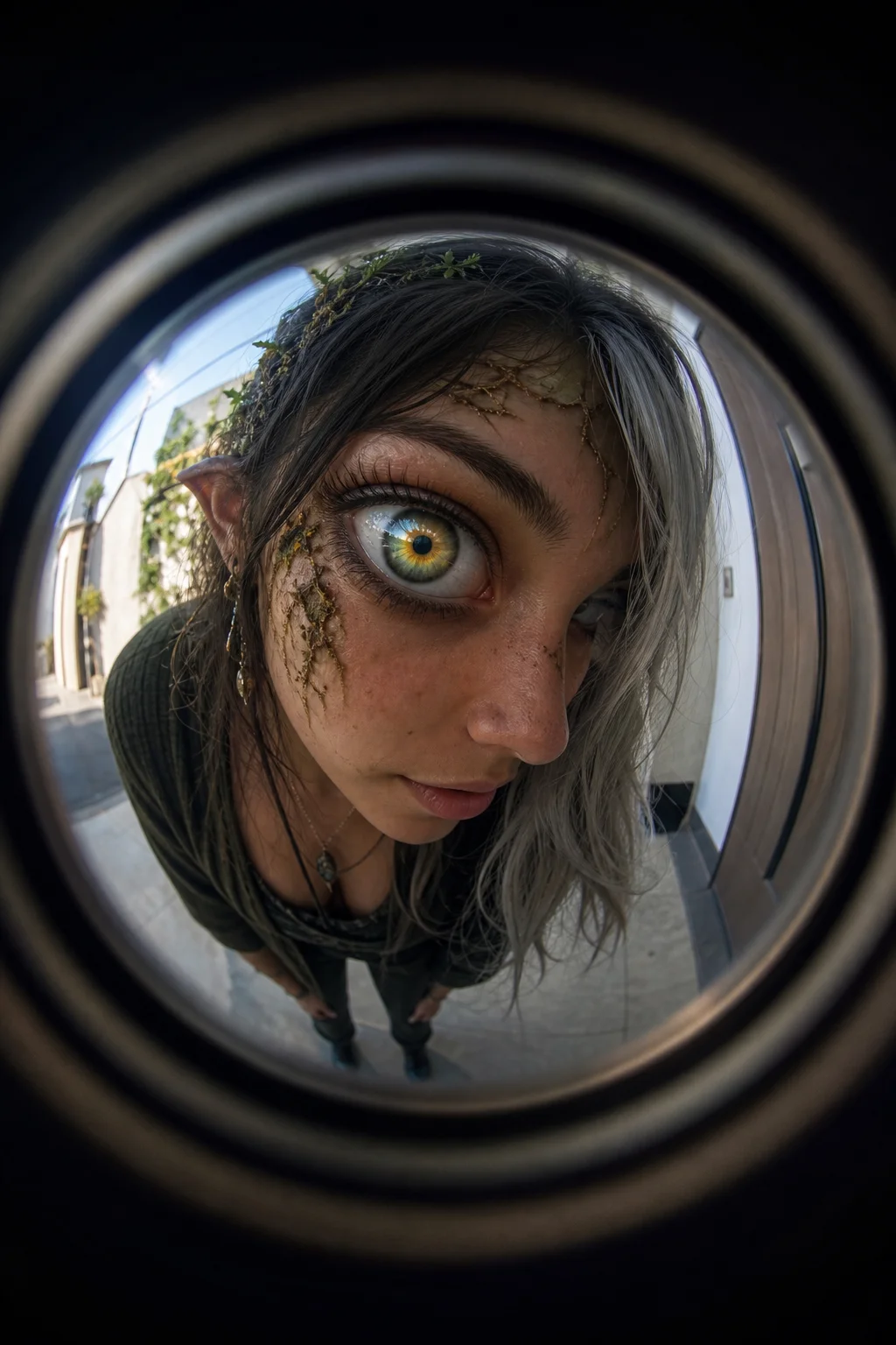 Peephole view of a dryad leaning close and staring directly at the viewer with one enormous gradient-colored eye, her silver-black hair and urban clothing softly rendered in daylight.