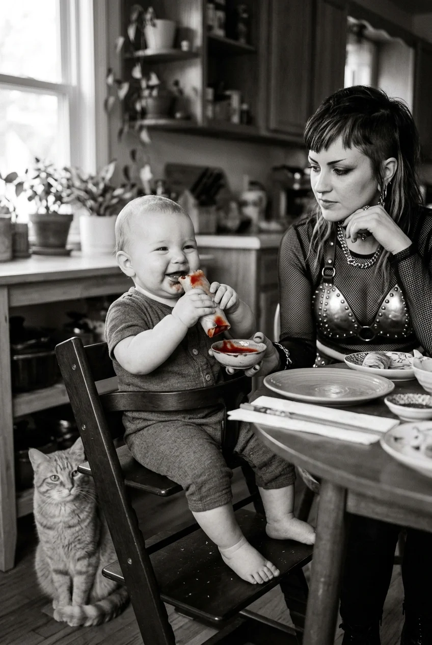 A chubby baby in a button-up onesie gleefully eats chilli-dipped spring rolls at a small table, watched by a goth woman, while an orange cat sits nearby in warm natural light.