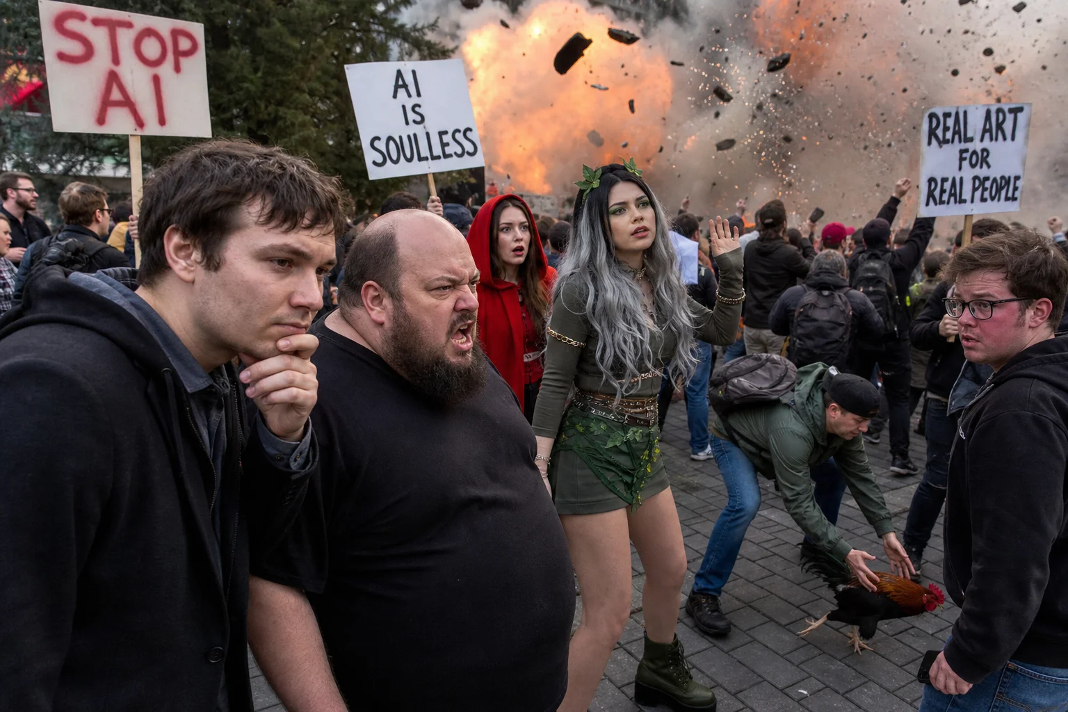 A chaotic outdoor protest against AI image generation unfolds as demonstrators glare at a surreal scene, while an explosion sends smoke, sparks, and debris through the crowd.