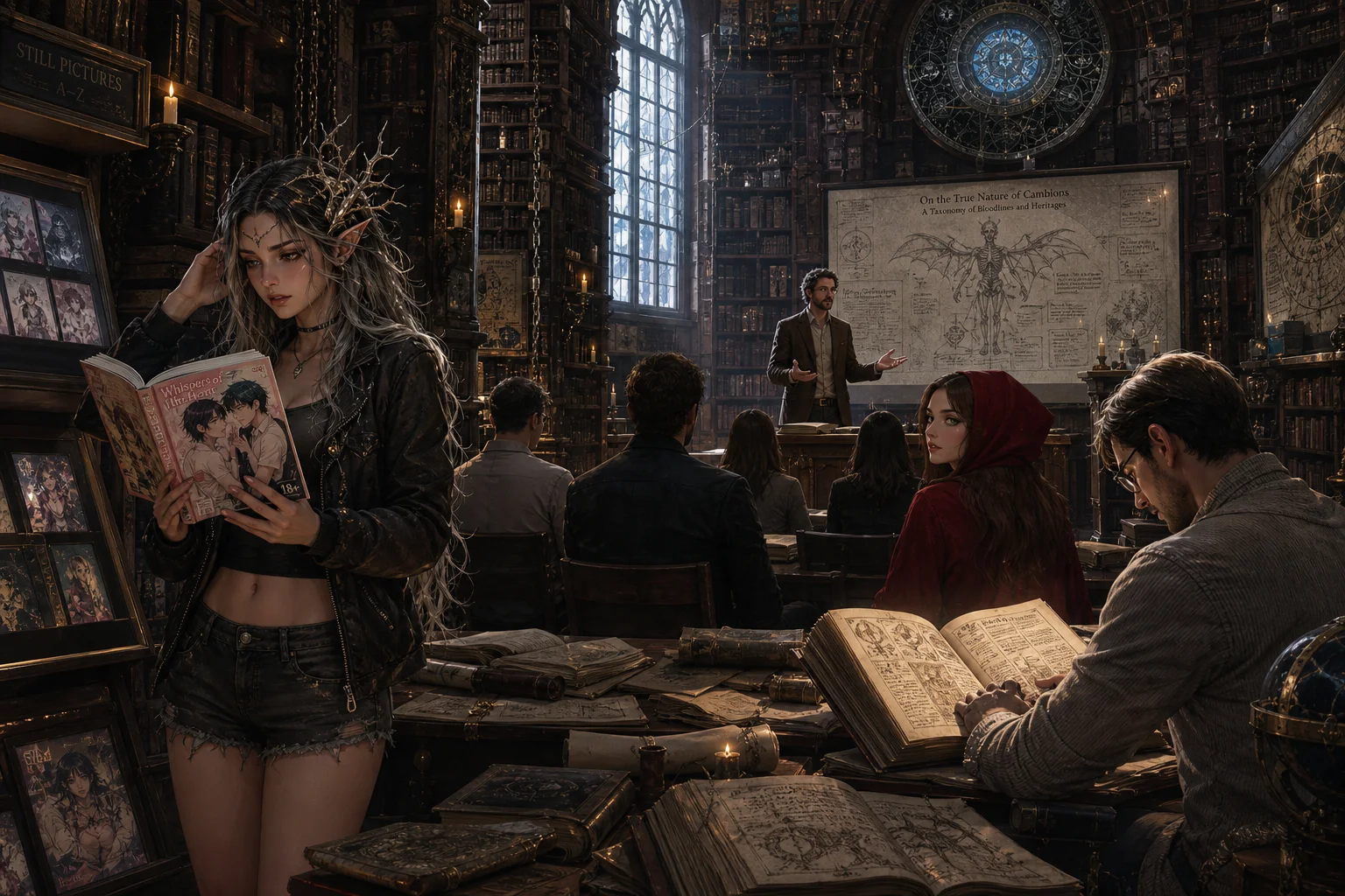 In a vast candlelit ancient library, a confused dryad examines a manga while a researcher studies old books and an academic lectures to a small attentive audience.