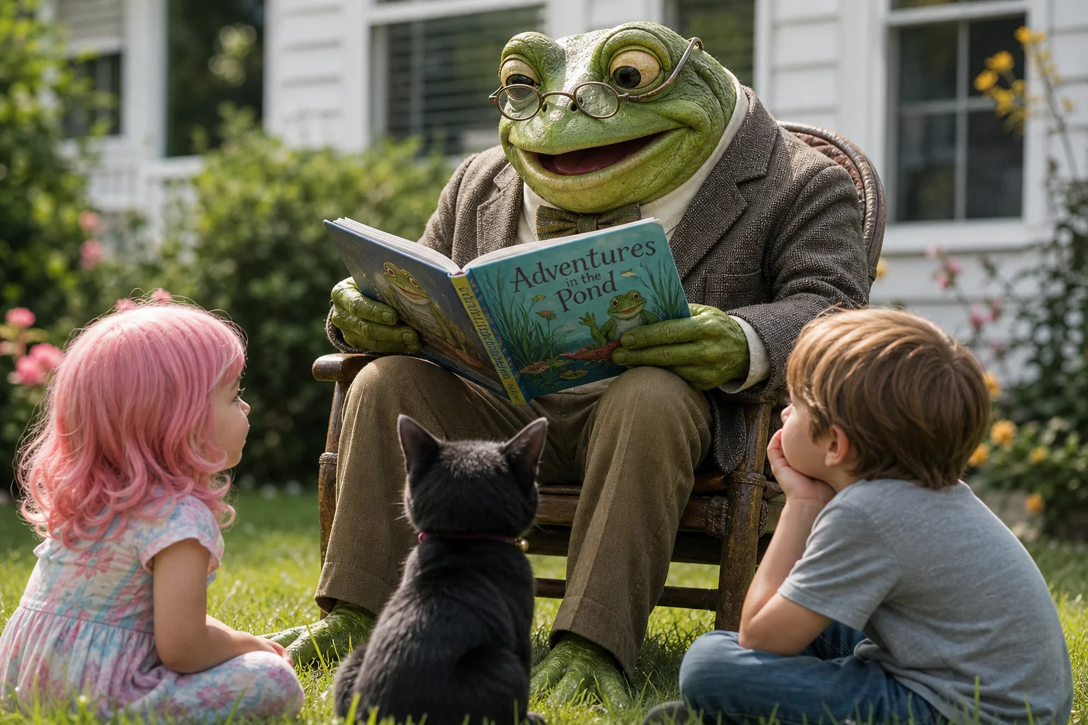 An elderly green frog grandfather wearing round glasses reads a colorful children’s book to his grandchildren on a sunny suburban lawn, with a pink-haired toddler and black cat listening nearby.