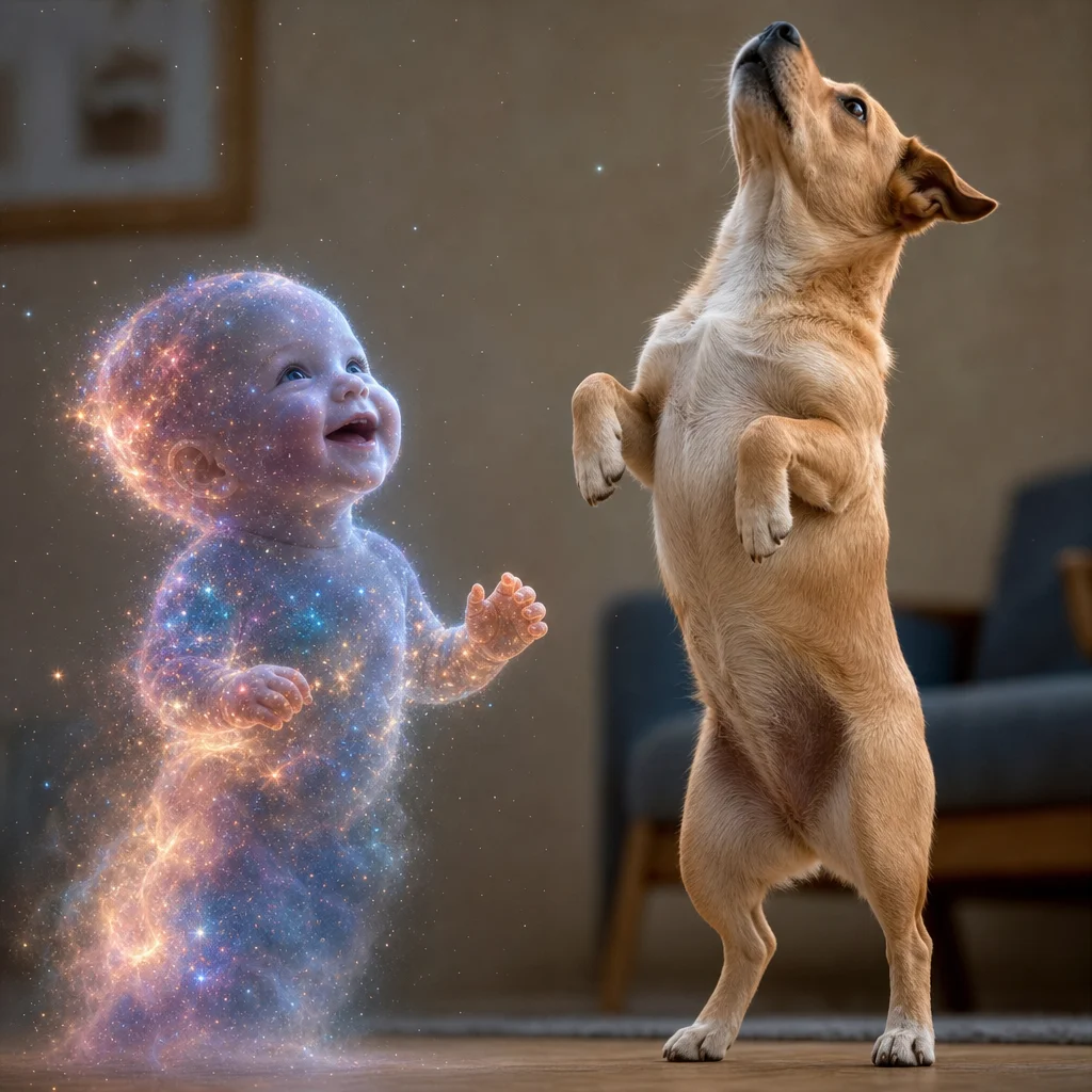 A cheerful infant formed from swirling stardust stands beside a friendly dog upright on its hind legs, head tilted upward, in a playful scene with soft light and a clean atmospheric background.