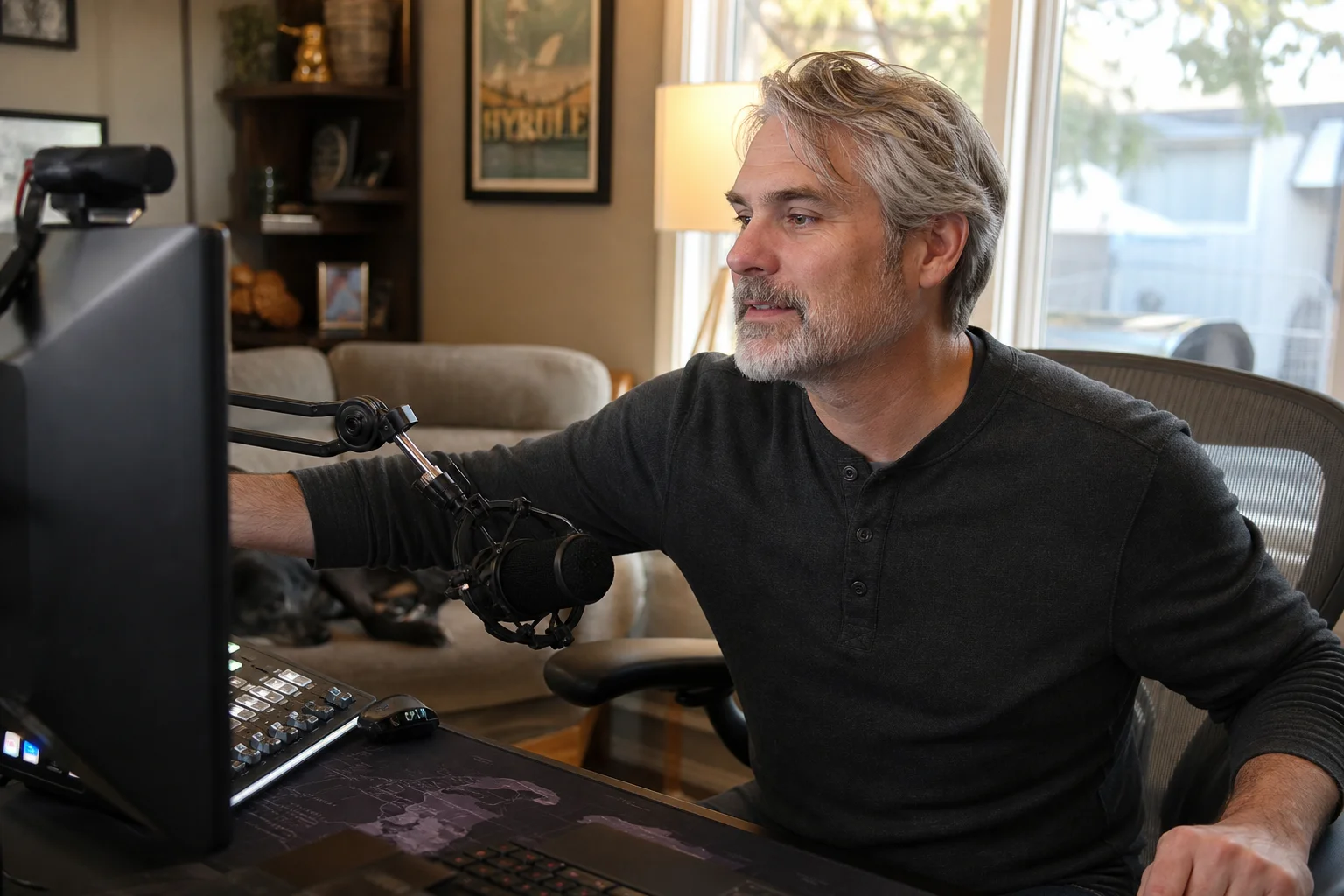 A grey-haired streamer sits at a desk in a warmly lit home studio, reaching toward a microphone and monitor as they prepare to resume broadcasting.